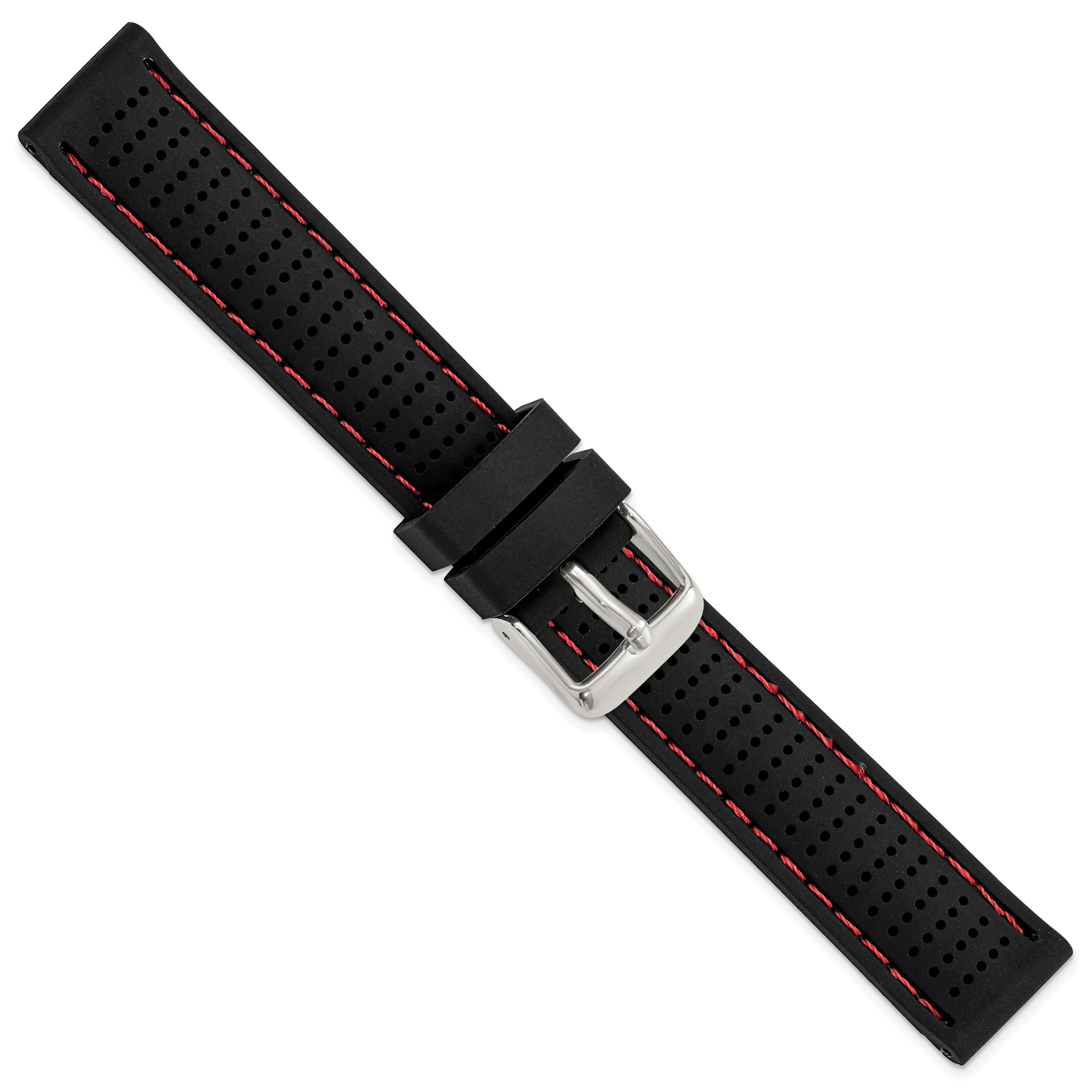 18mm Black Ventilated Silicone with Red Stitching and Silver-tone Buckle 8 inch Watch Band