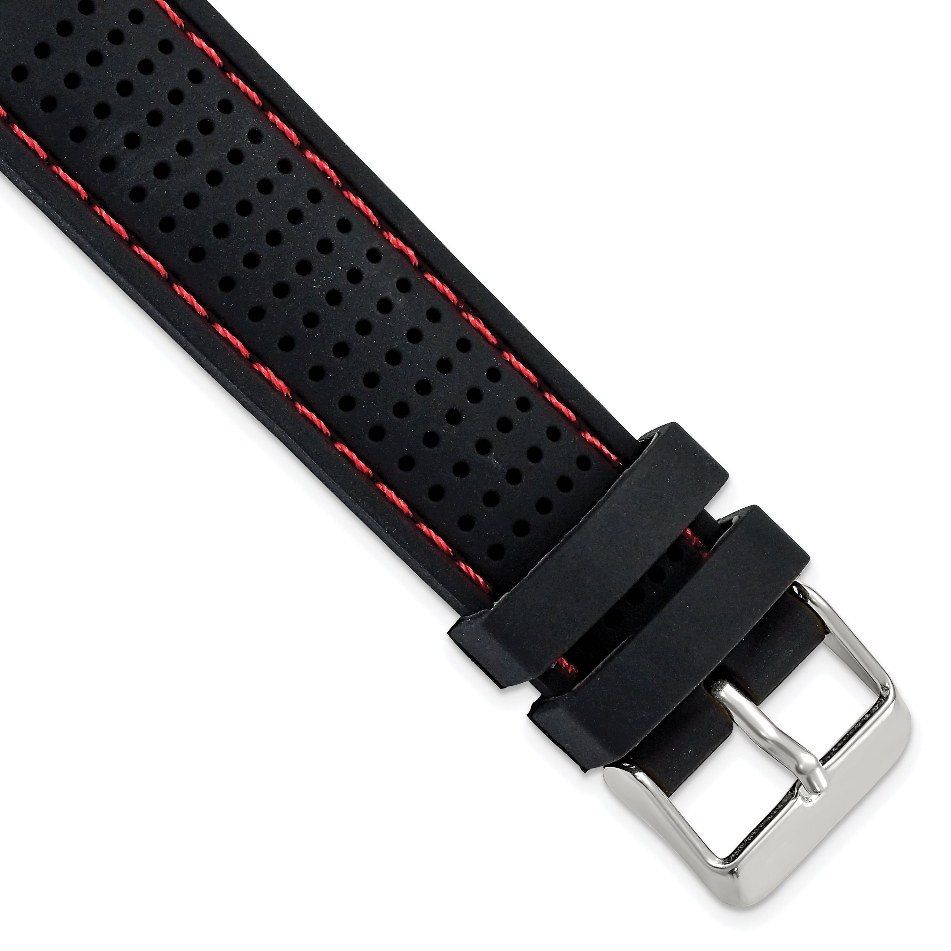 18mm Black Ventilated Silicone with Red Stitching and Silver-tone Buckle 8 inch Watch Band