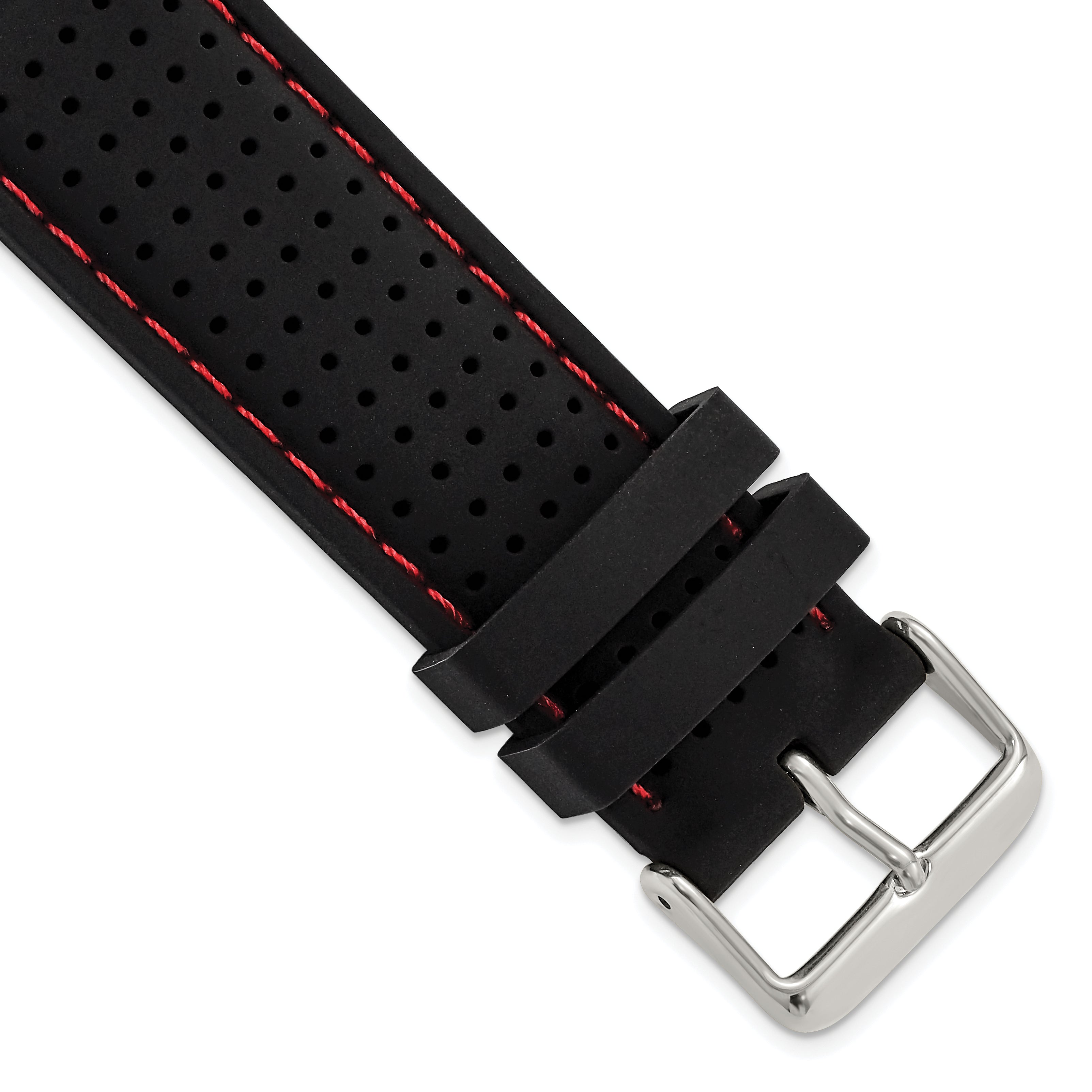 18mm Black Ventilated Silicone with Red Stitching and Silver-tone Buckle 8 inch Watch Band
