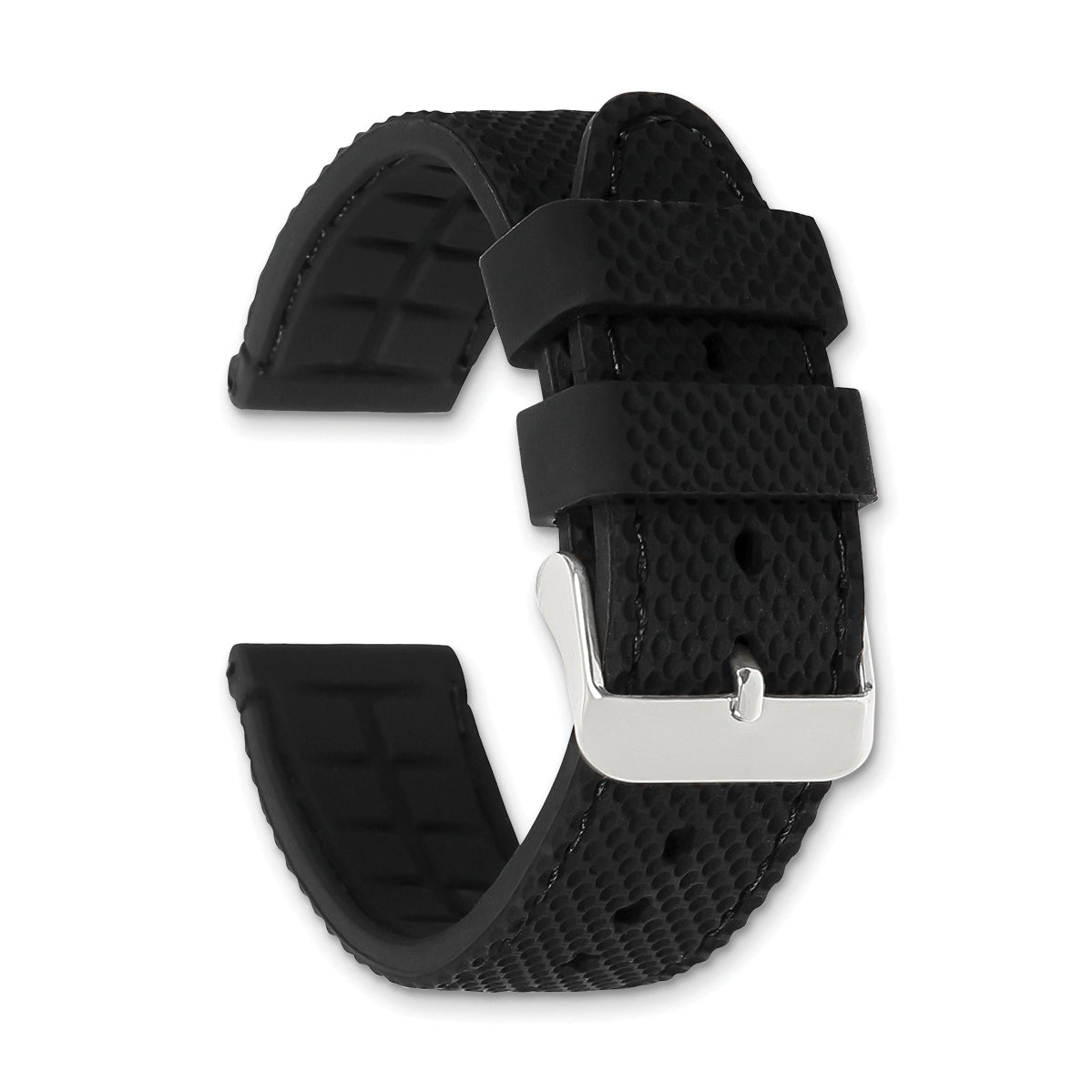 22mm Black Textured Silicone with Black Stitching and Silver-tone Buckle 8 inch Watch Band