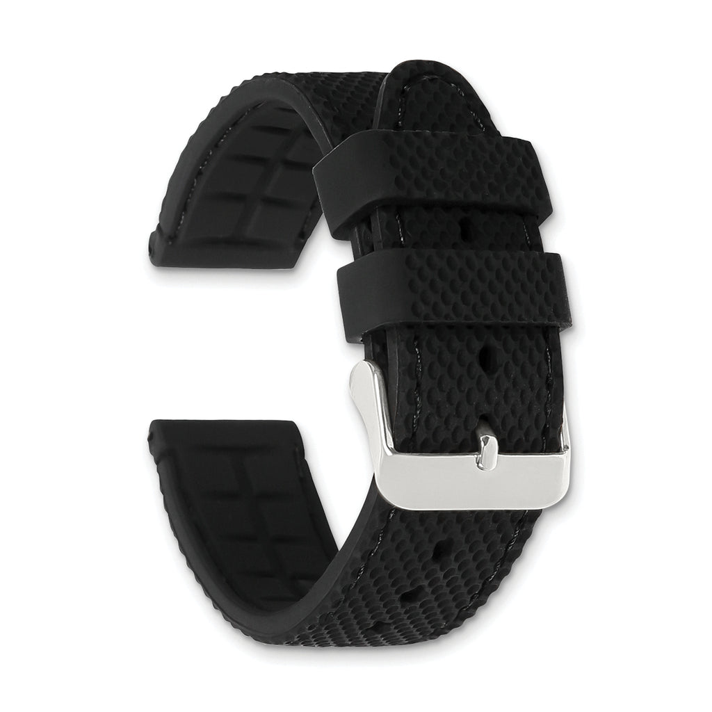 22mm Black Textured Silicone with Black Stitching and Silver-tone Buckle 8 inch Watch Band