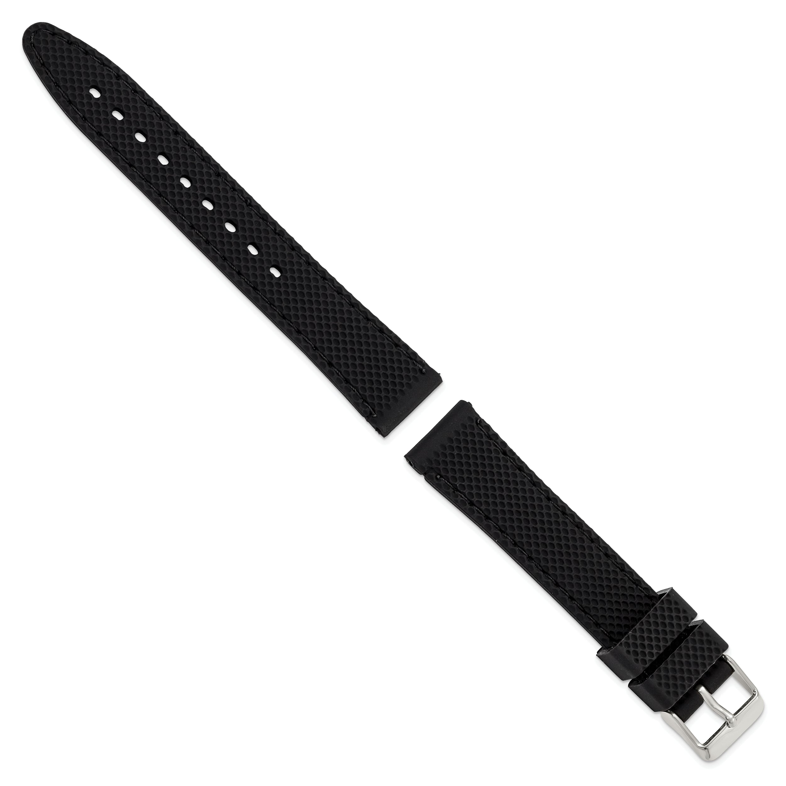 18mm Black Textured Silicone with Black Stitching and Silver-tone Buckle 8 inch Watch Band