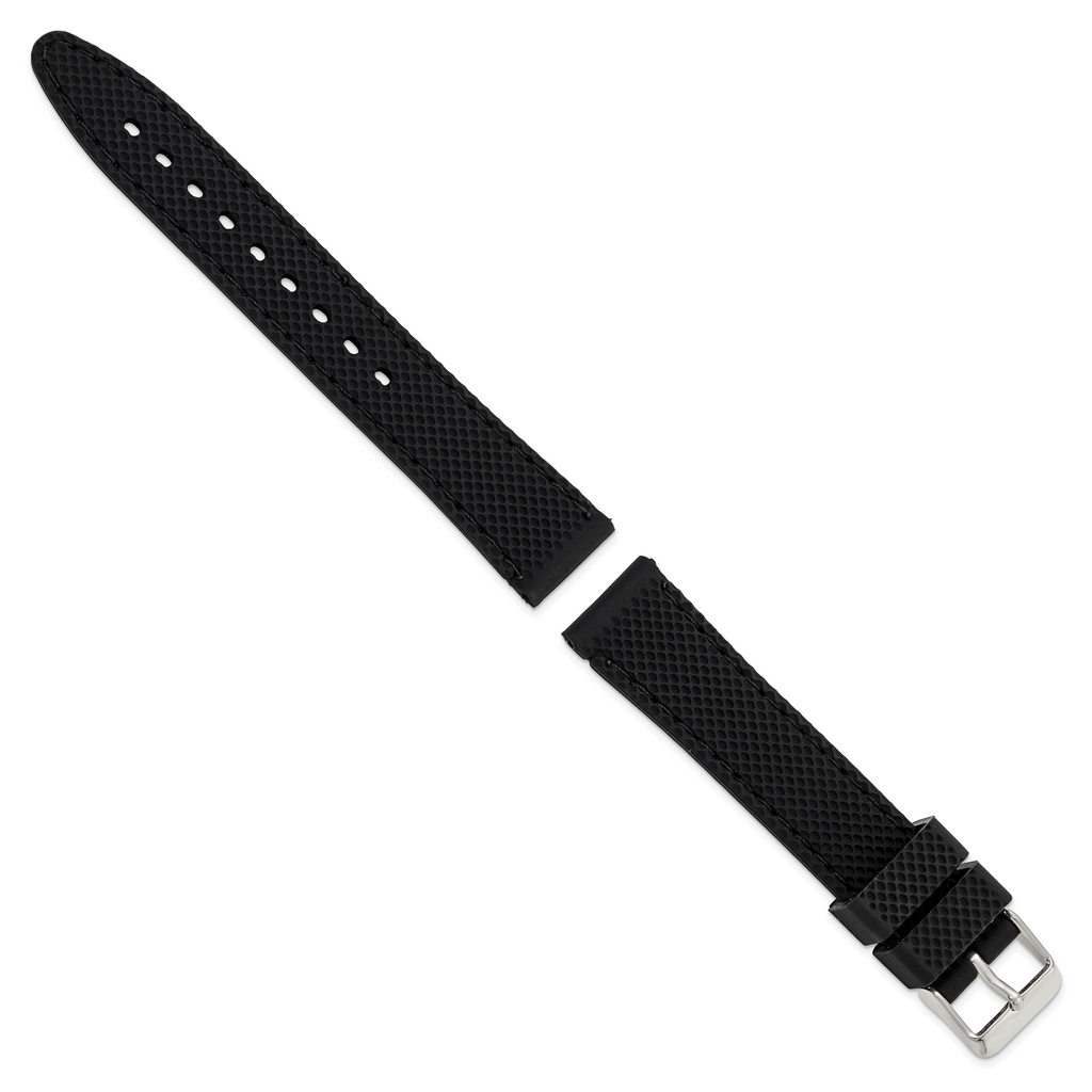 18mm Black Textured Silicone with Black Stitching and Silver-tone Buckle 8 inch Watch Band