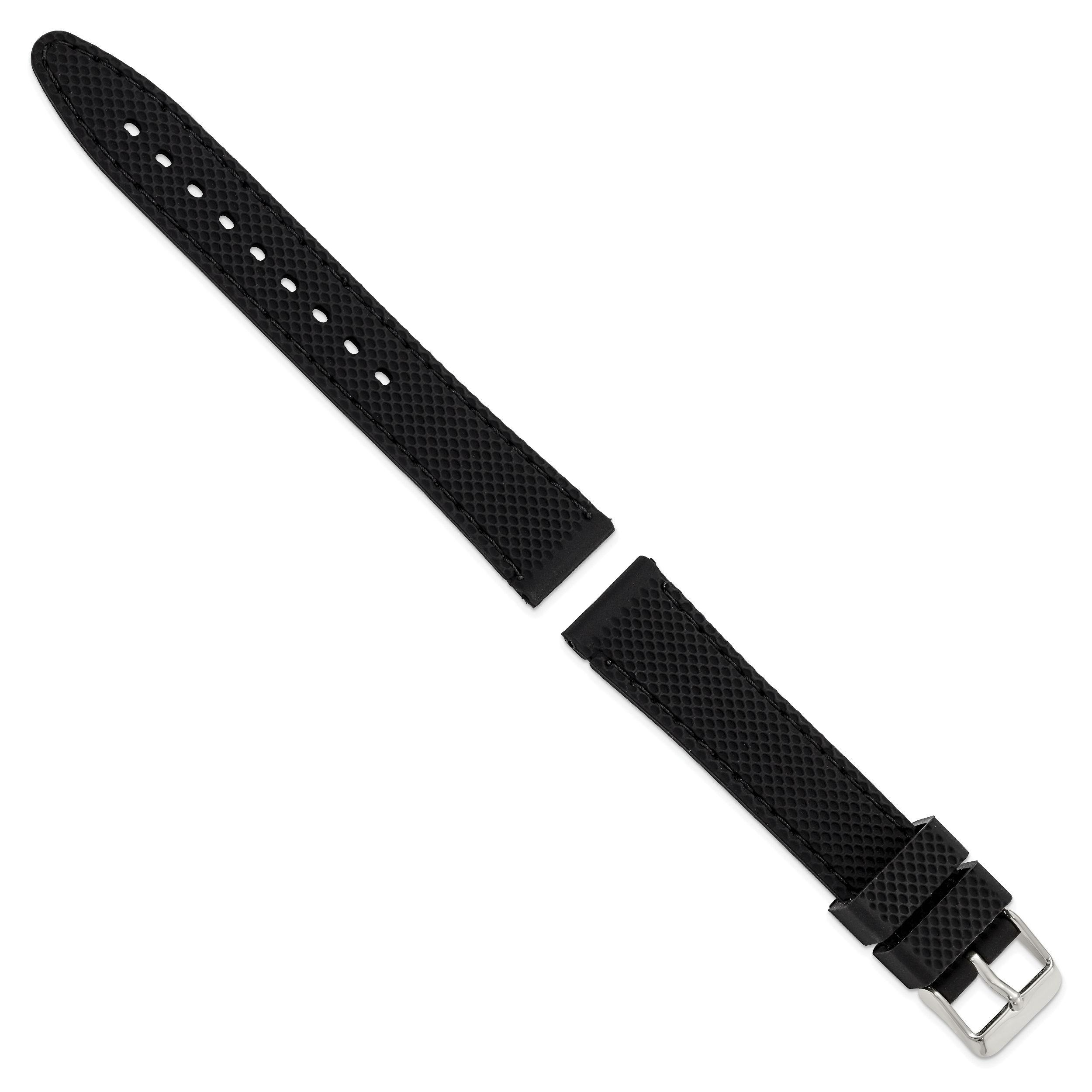 18mm Black Textured Silicone with Black Stitching and Silver-tone Buckle 8 inch Watch Band