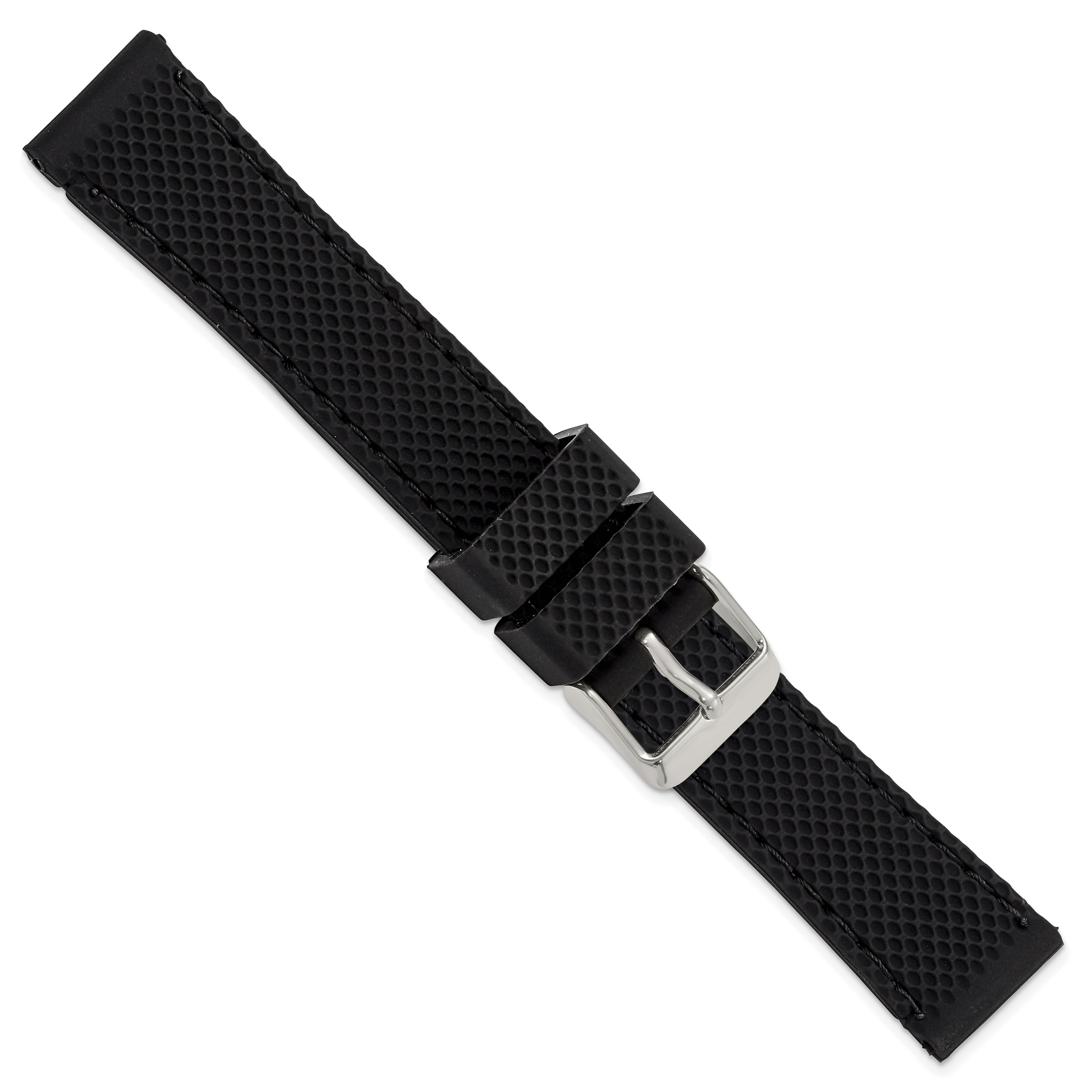 18mm Black Textured Silicone with Black Stitching and Silver-tone Buckle 8 inch Watch Band