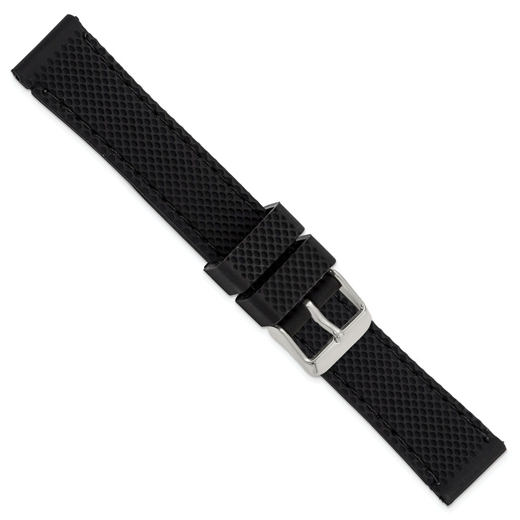 18mm Black Textured Silicone with Black Stitching and Silver-tone Buckle 8 inch Watch Band