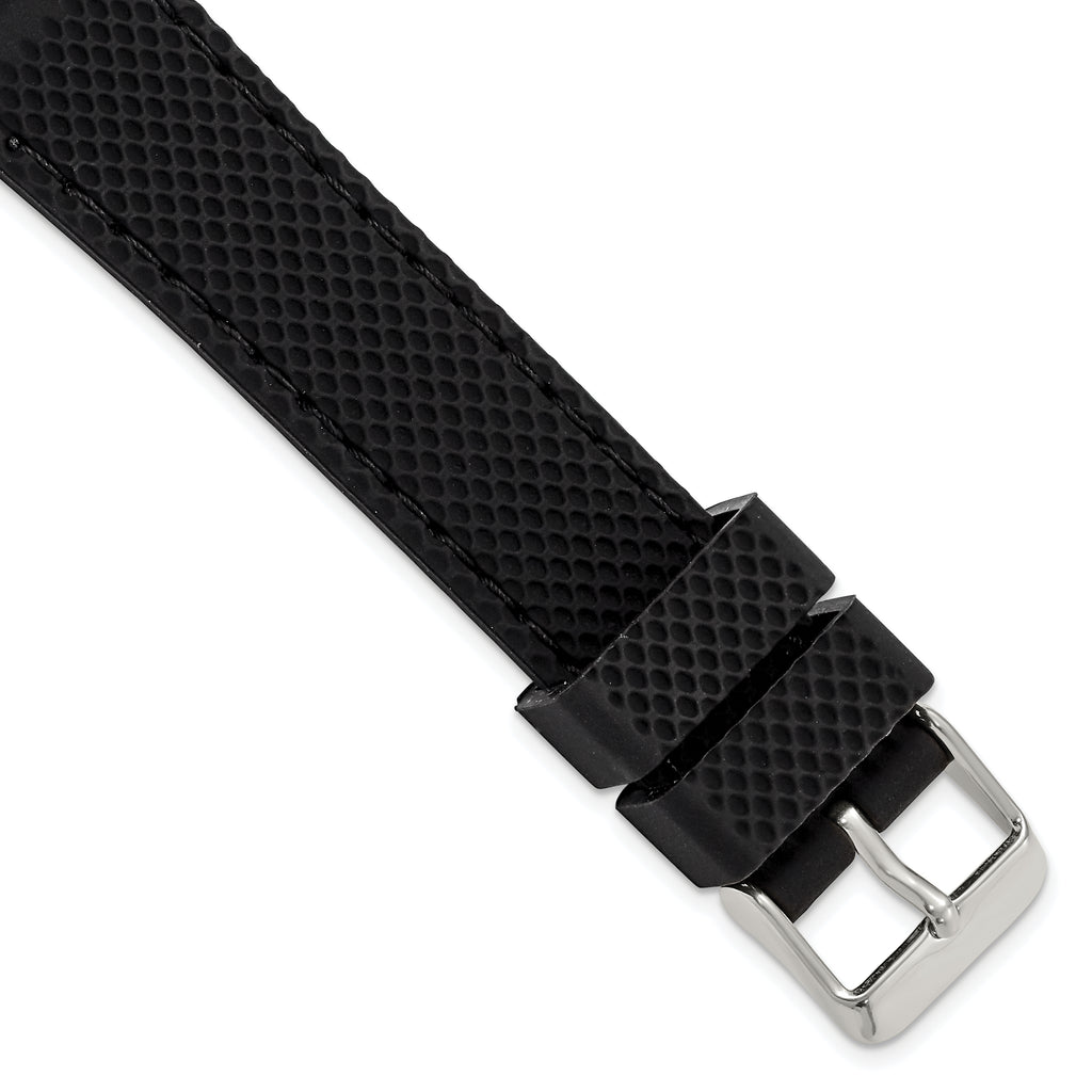DeBeer 18mm Black Textured Silicone with Black Stitching and Silver-tone Buckle 8 inch Watch Band