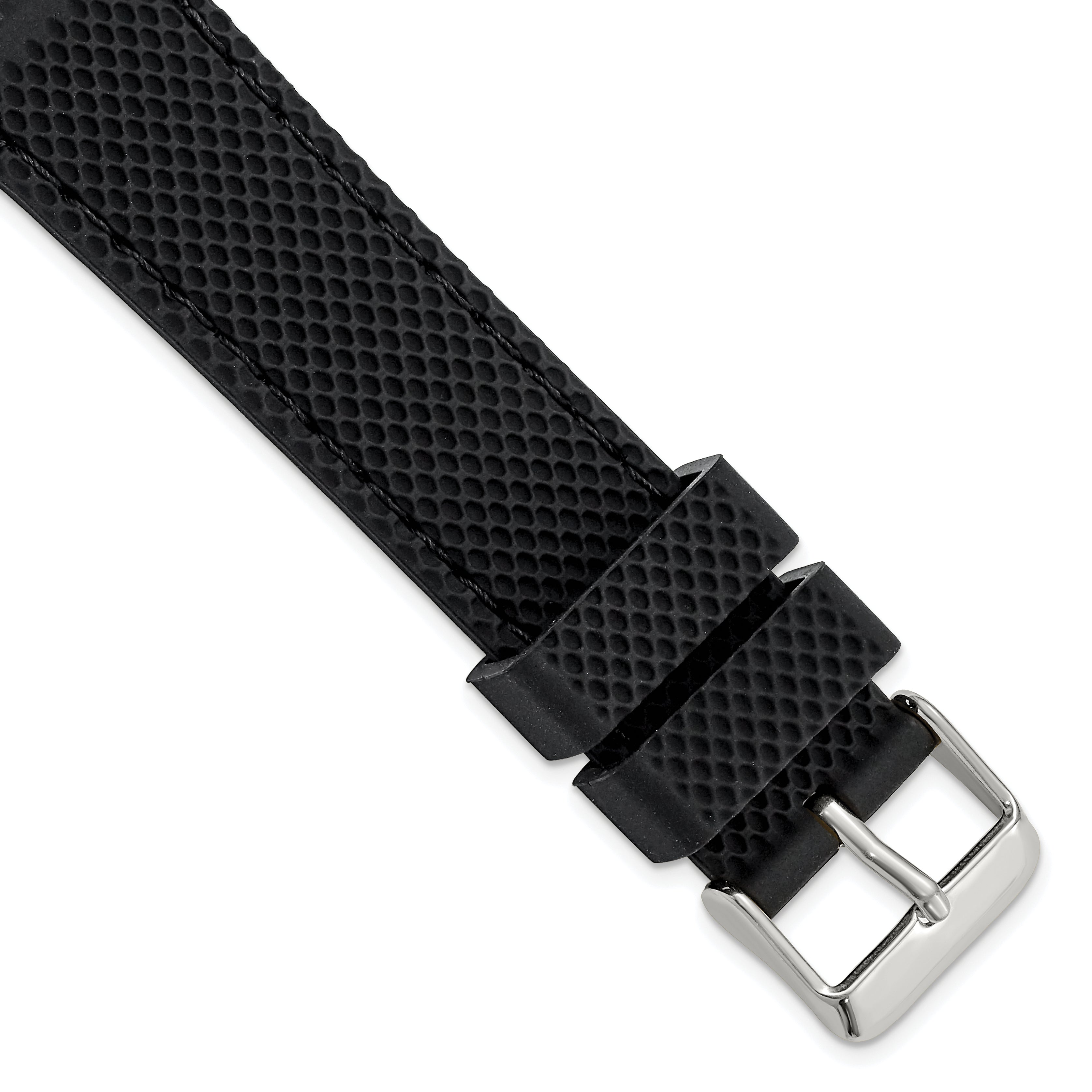 18mm Black Textured Silicone with Black Stitching and Silver-tone Buckle 8 inch Watch Band