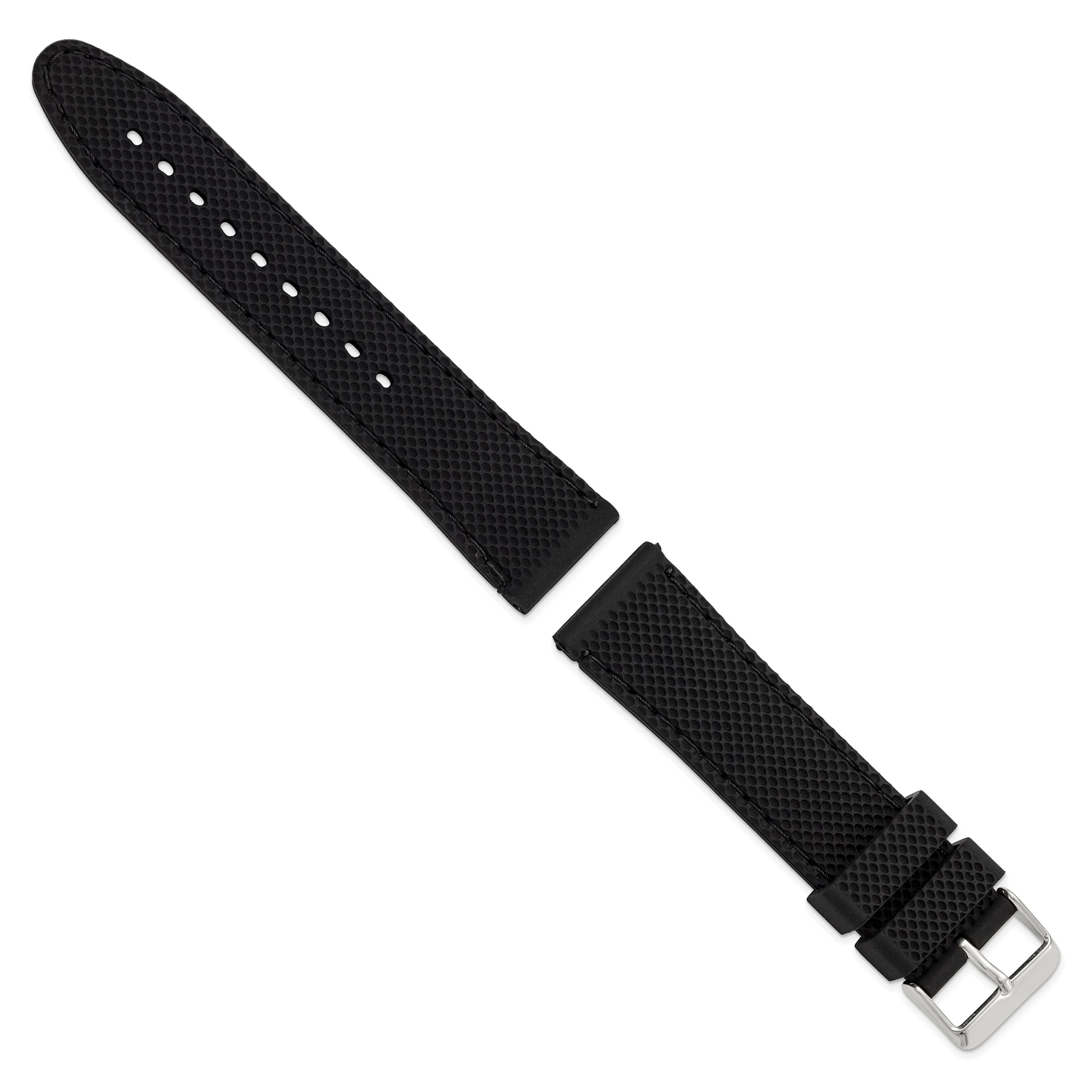 22mm Black Textured Silicone with Black Stitching and Silver-tone Buckle 8 inch Watch Band