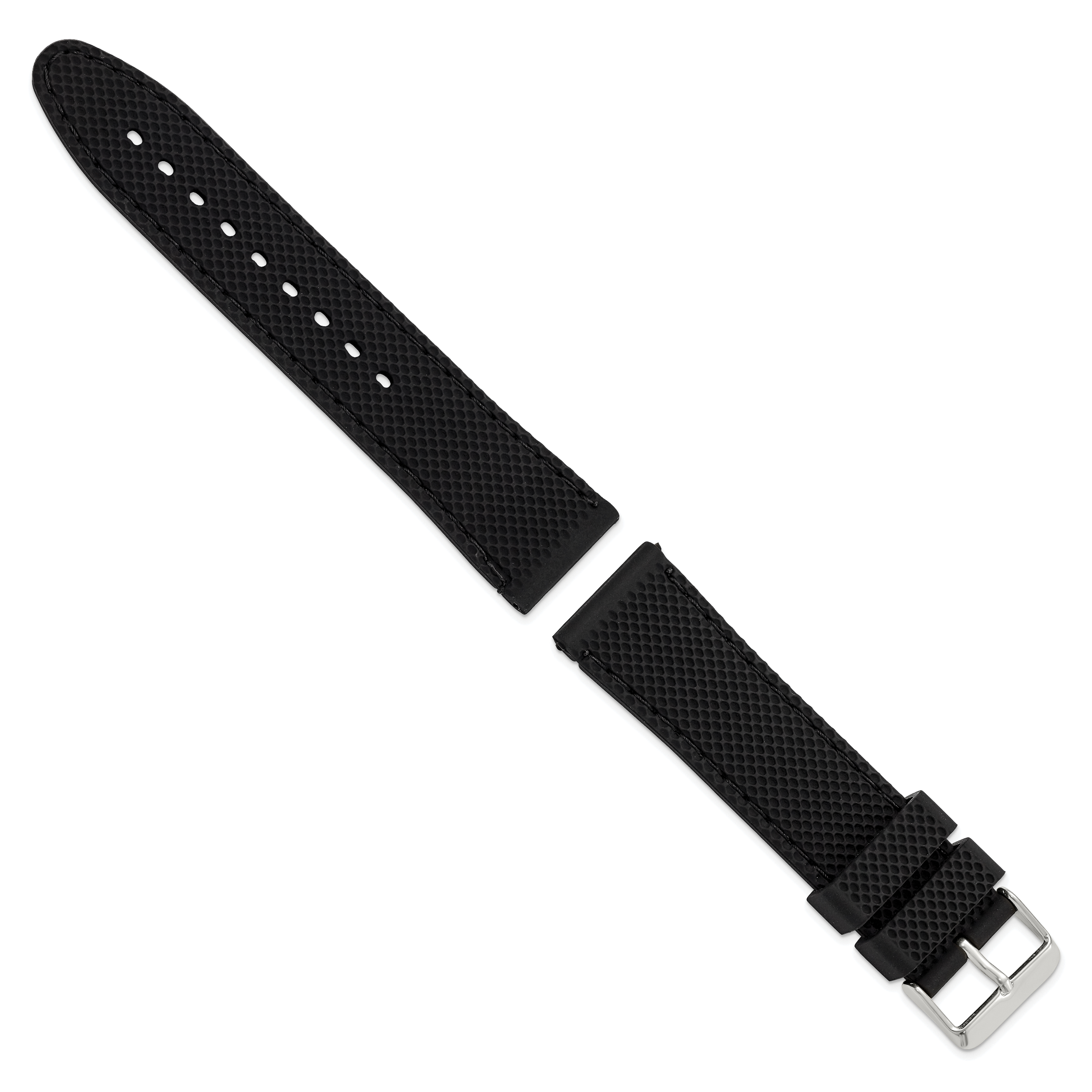 22mm Black Textured Silicone with Black Stitching and Silver-tone Buckle 8 inch Watch Band