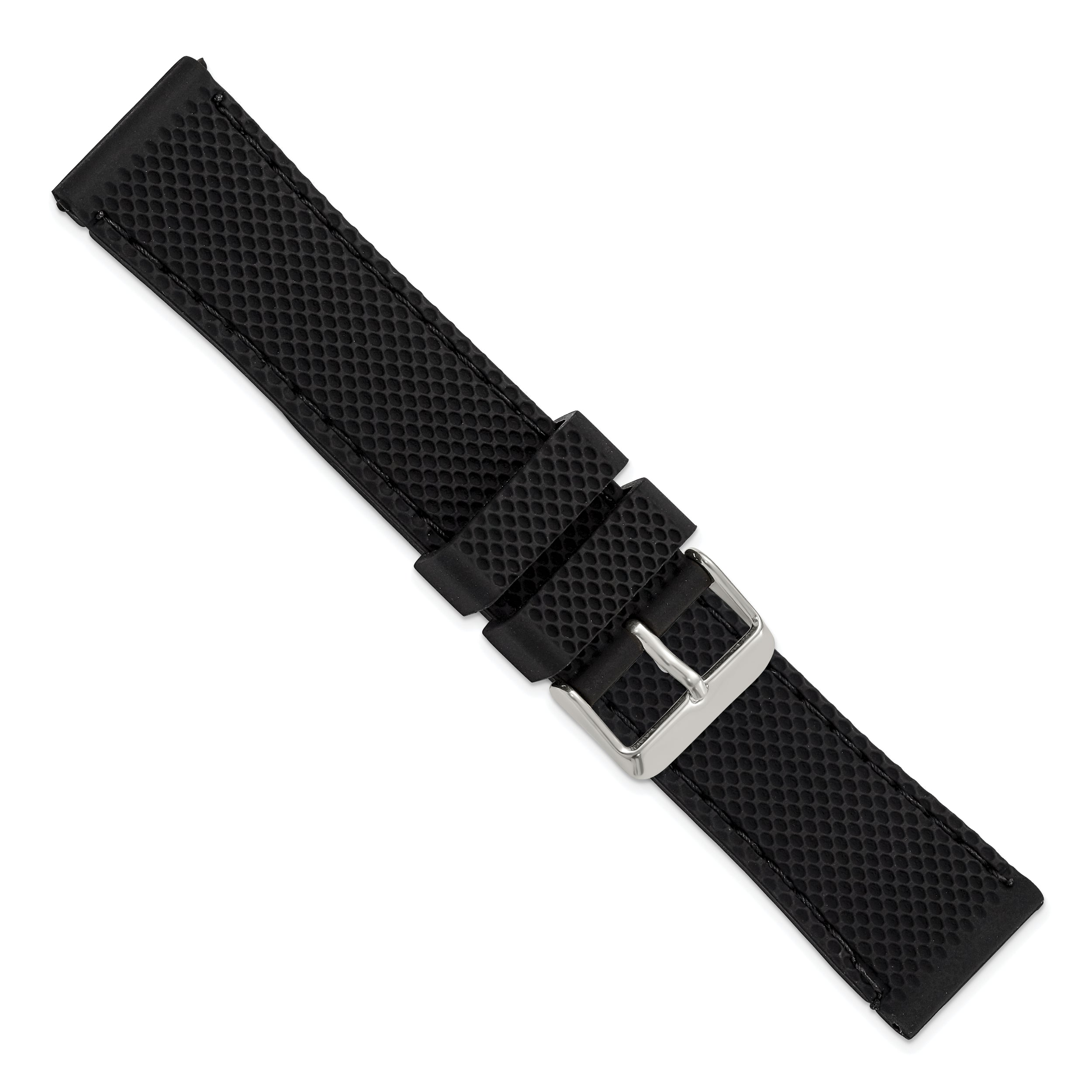 22mm Black Textured Silicone with Black Stitching and Silver-tone Buckle 8 inch Watch Band