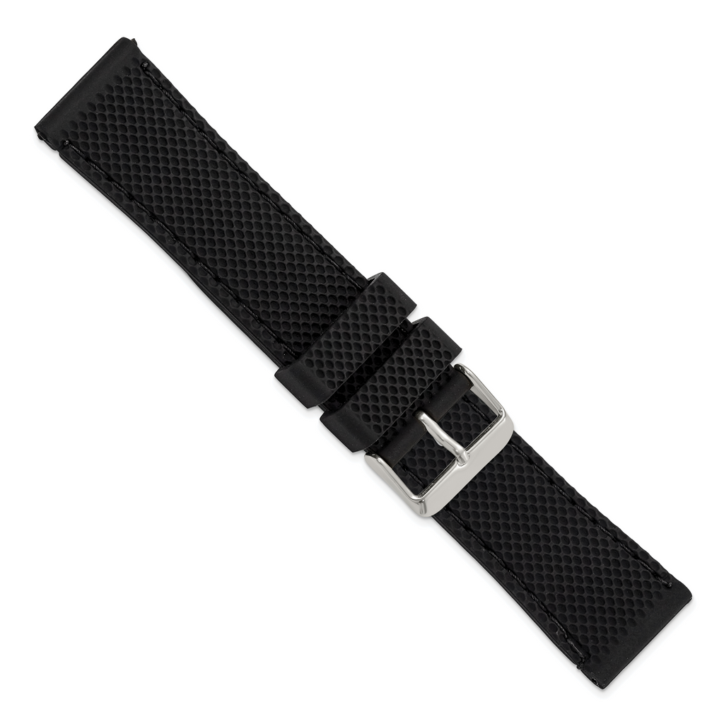 22mm Black Textured Silicone with Black Stitching and Silver-tone Buckle 8 inch Watch Band