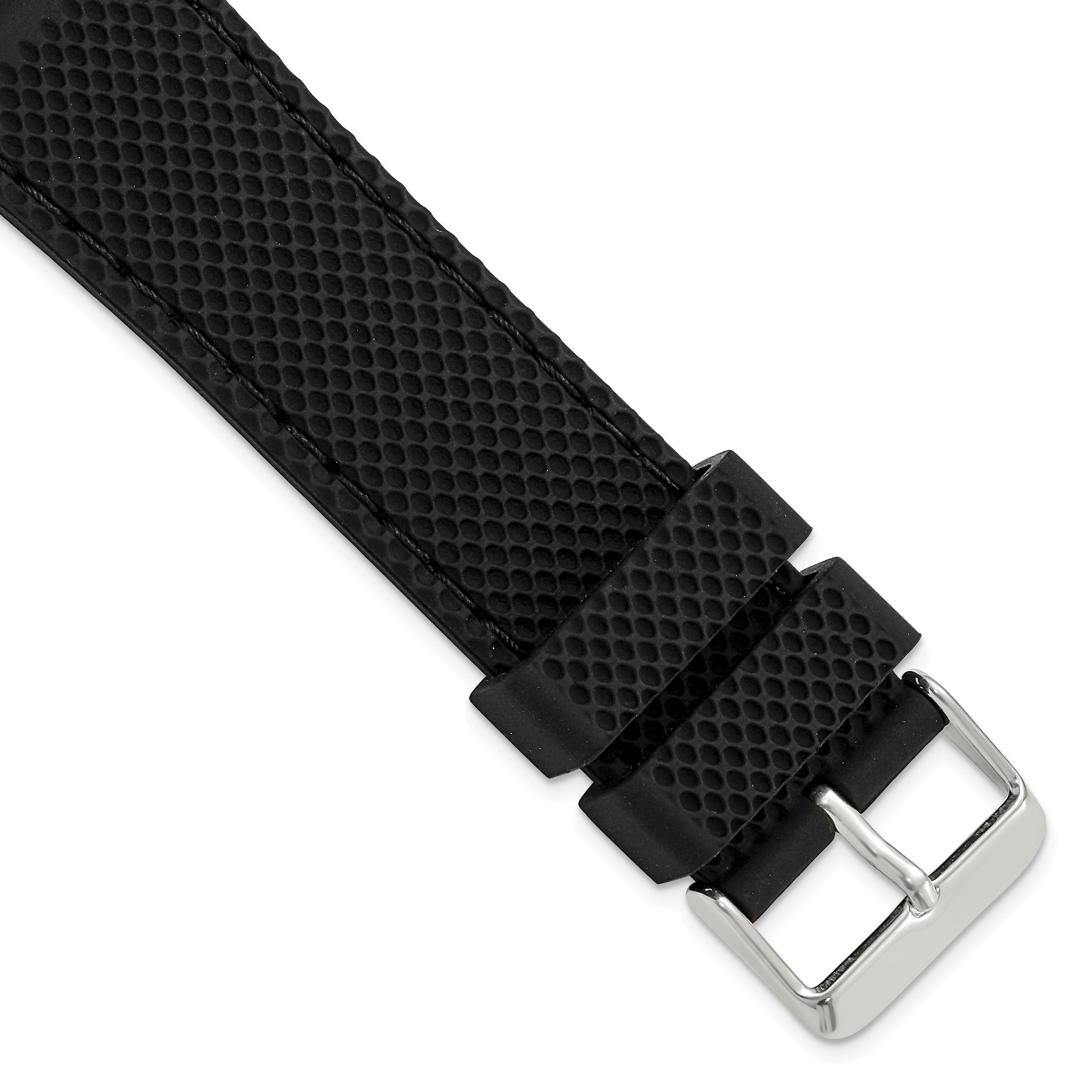 22mm Black Textured Silicone with Black Stitching and Silver-tone Buckle 8 inch Watch Band