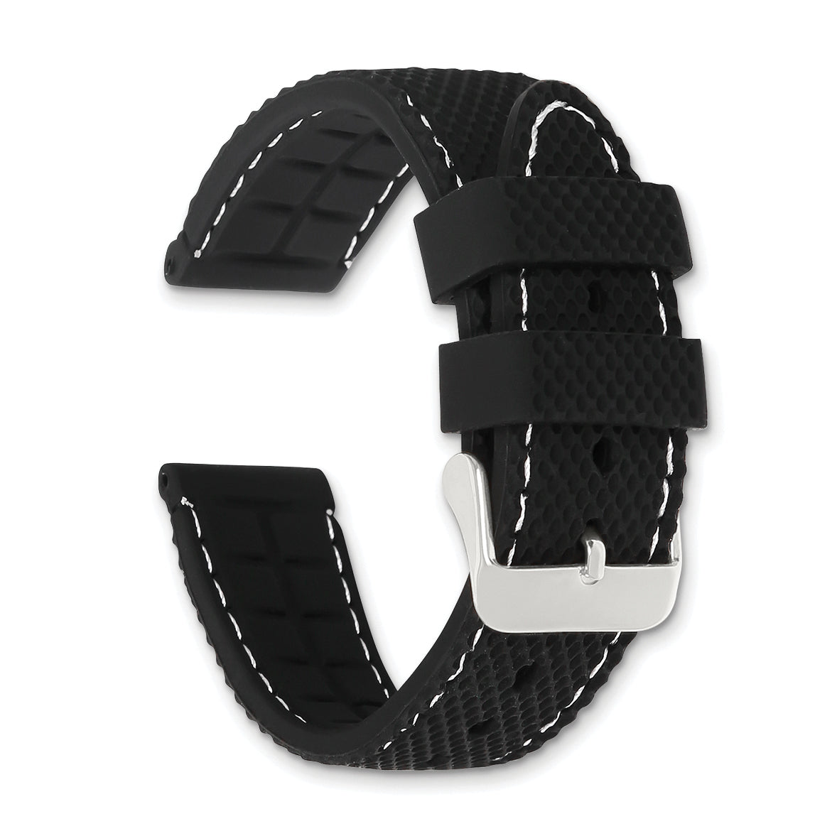 18mm Black Textured Silicone with White Stitching and Silver-tone Buckle 8 inch Watch Band