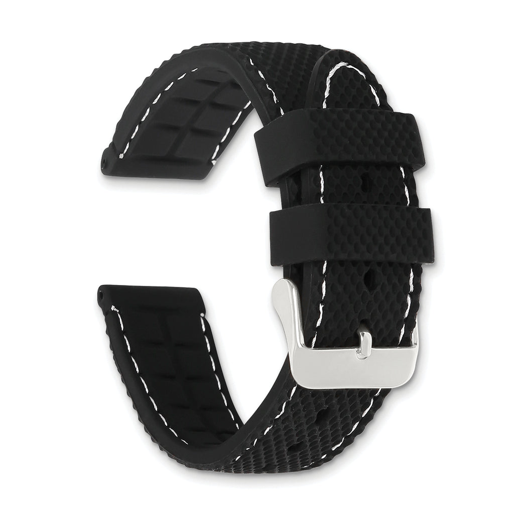 18mm Black Textured Silicone with White Stitching and Silver-tone Buckle 8 inch Watch Band