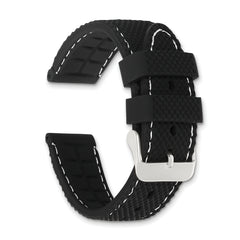 18mm Black Textured Silicone with White Stitching and Silver-tone Buckle 8 inch Watch Band