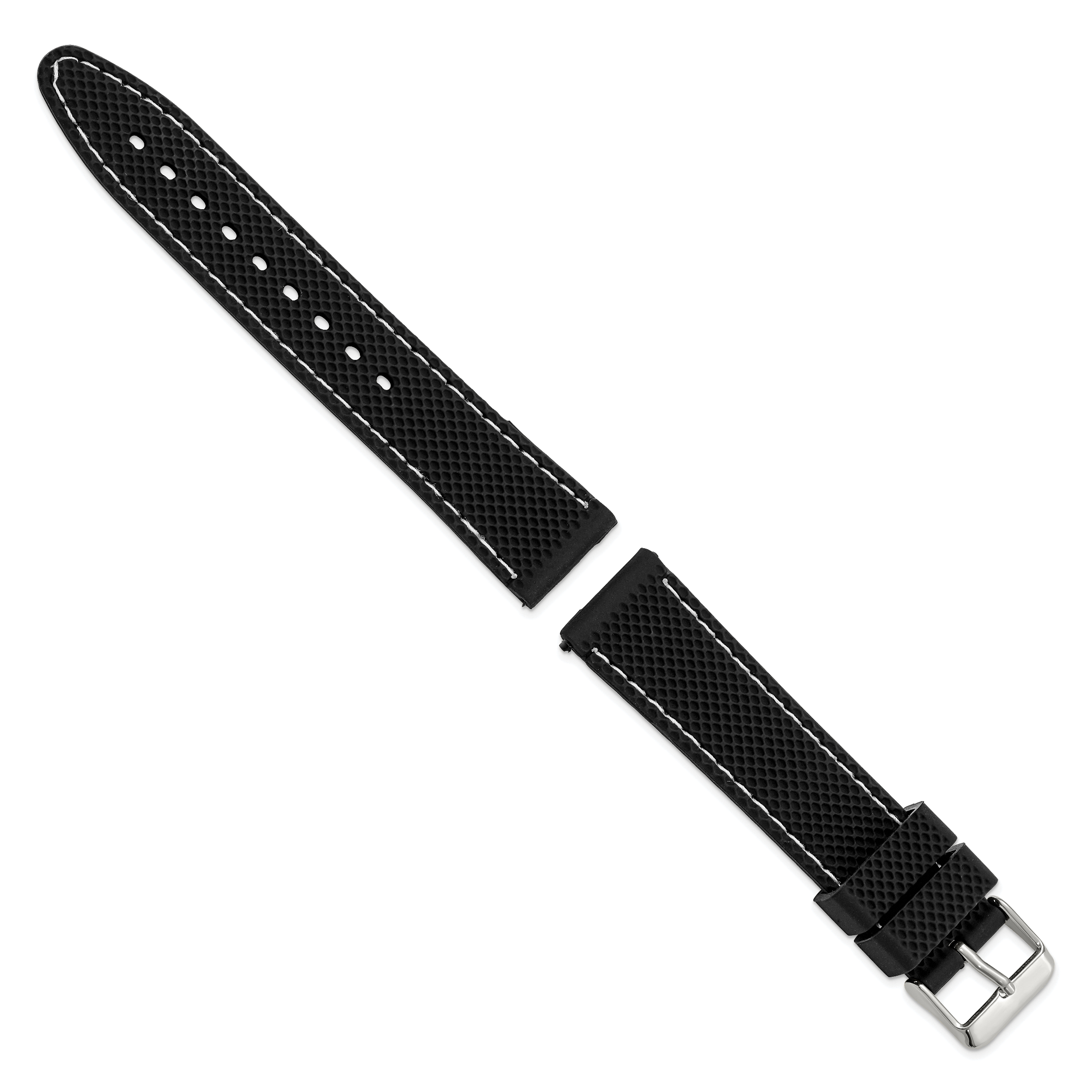 18mm Black Textured Silicone with White Stitching and Silver-tone Buckle 8 inch Watch Band