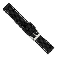 18mm Black Textured Silicone with White Stitching and Silver-tone Buckle 8 inch Watch Band