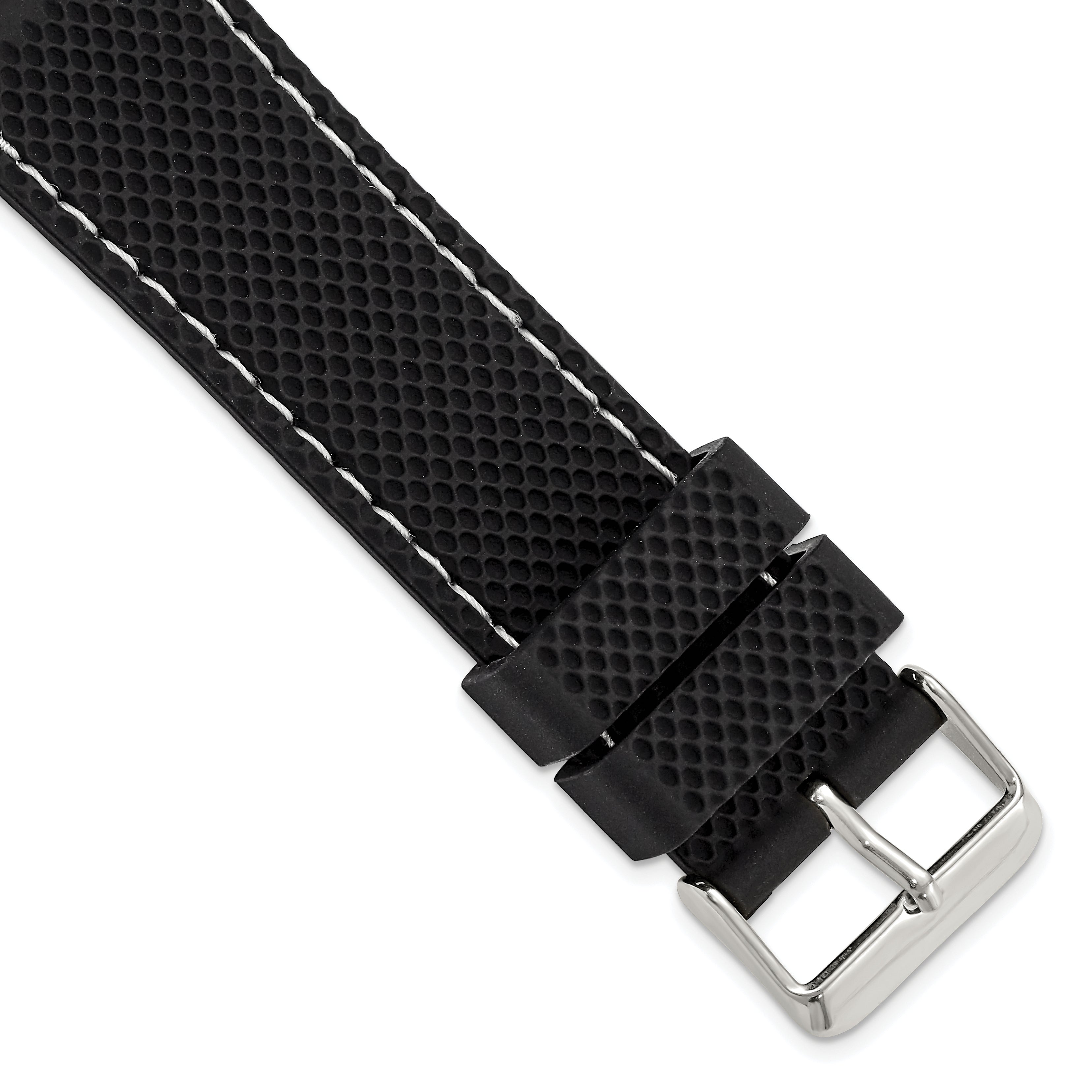18mm Black Textured Silicone with White Stitching and Silver-tone Buckle 8 inch Watch Band