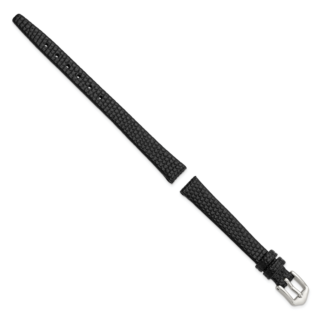 10mm Black Flat Lizard Grain Calfskin Leather with Silver-tone Aluminum Buckle 6.75 inch Watch Band