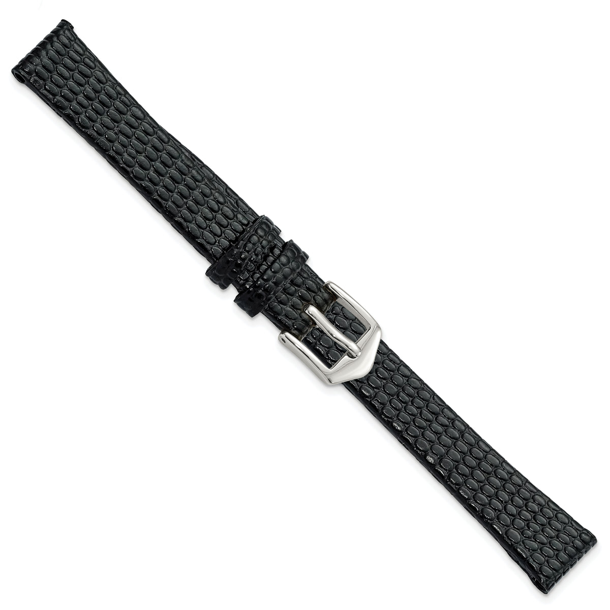 Gilden 12mm Black Flat Lizard Grain Calfskin Leather with Silver-tone Aluminum Buckle 6.75 inch Watch Band