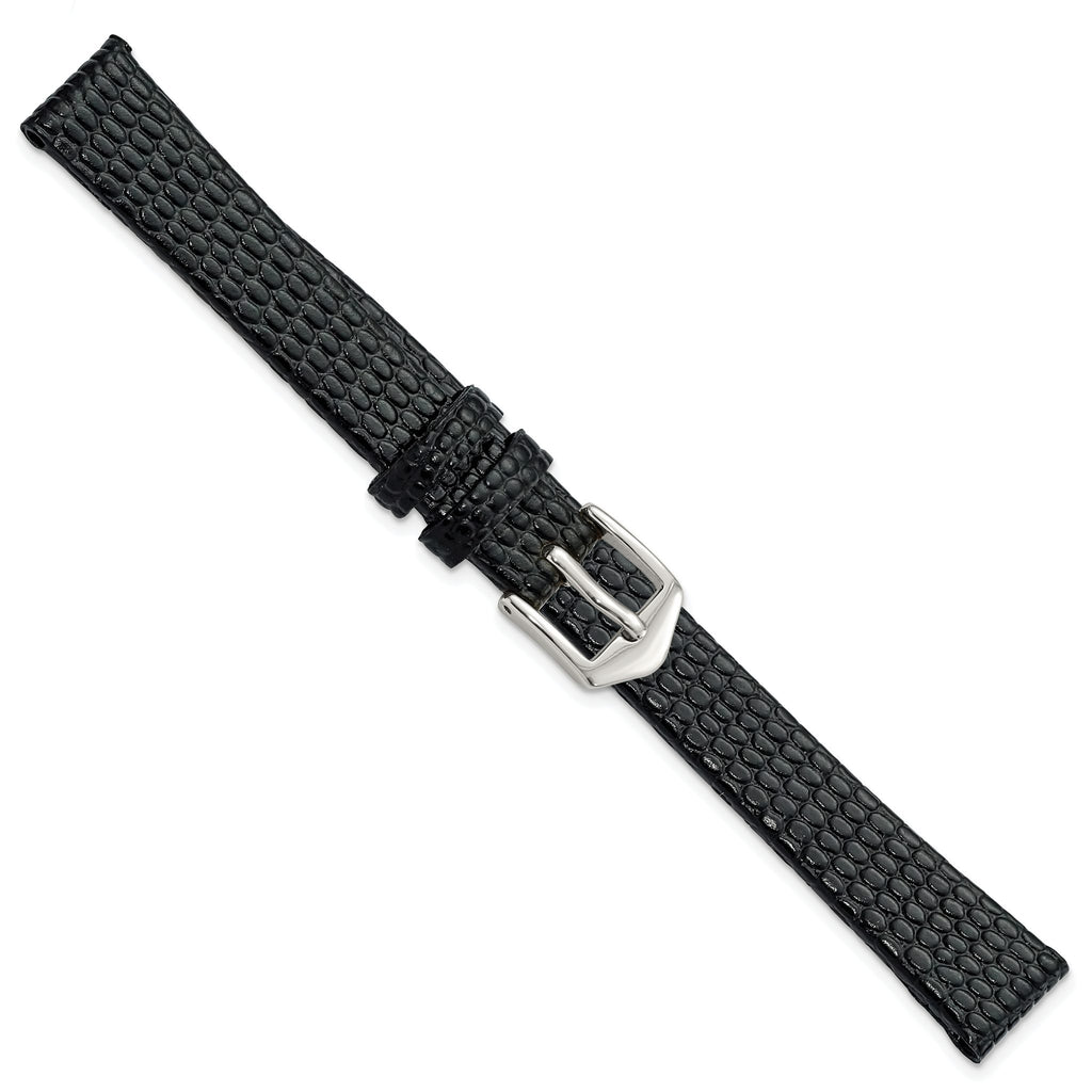 Gilden 12mm Black Flat Lizard Grain Calfskin Leather with Silver-tone Aluminum Buckle 6.75 inch Watch Band