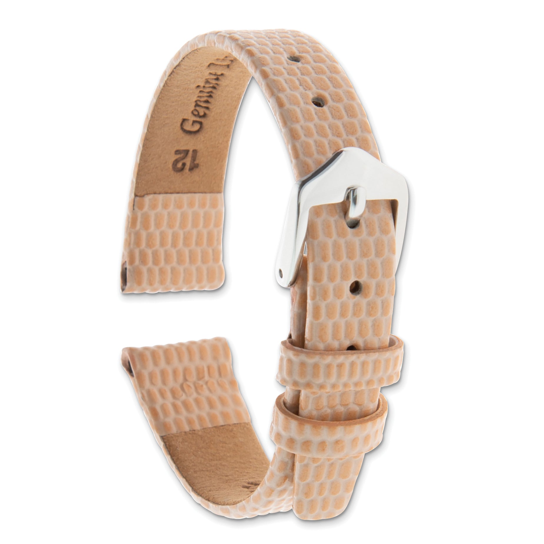 12mm Peach Flat Lizard Grain Calfskin Leather with Silver-tone Aluminum Buckle 6.75 inch Watch Band