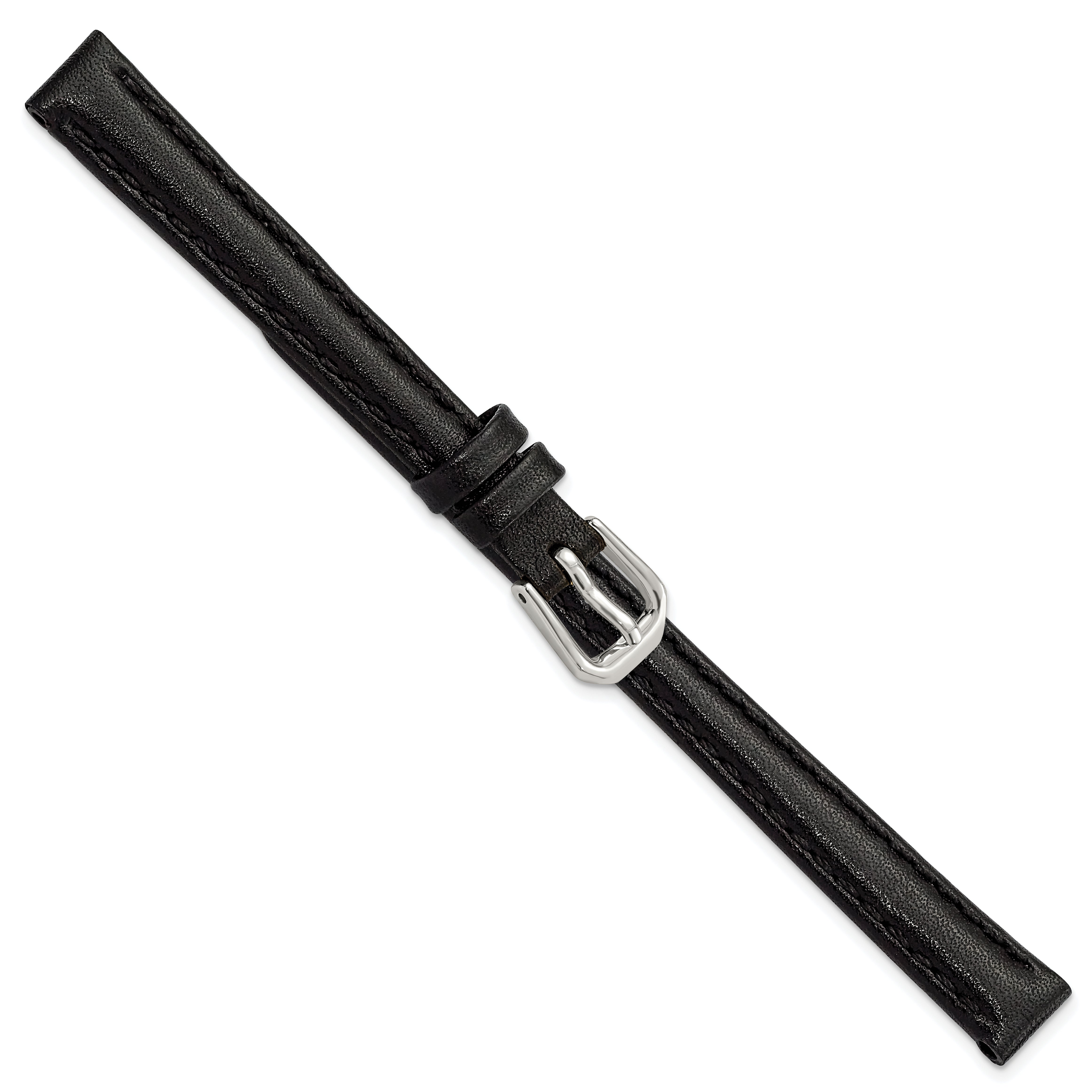 10mm Black Smooth Leather with Silver-tone Buckle 6.75 inch Watch Band