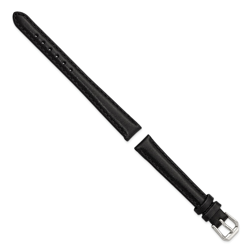 Black Smooth Leather Watch Band with Silver-Tone Buckle, 12mm - Sophia Jewelers