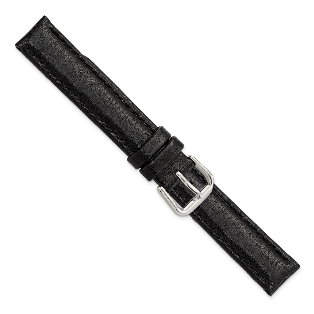 Black Smooth Leather Watch Band with Silver-Tone Buckle, 12mm - Sophia Jewelers