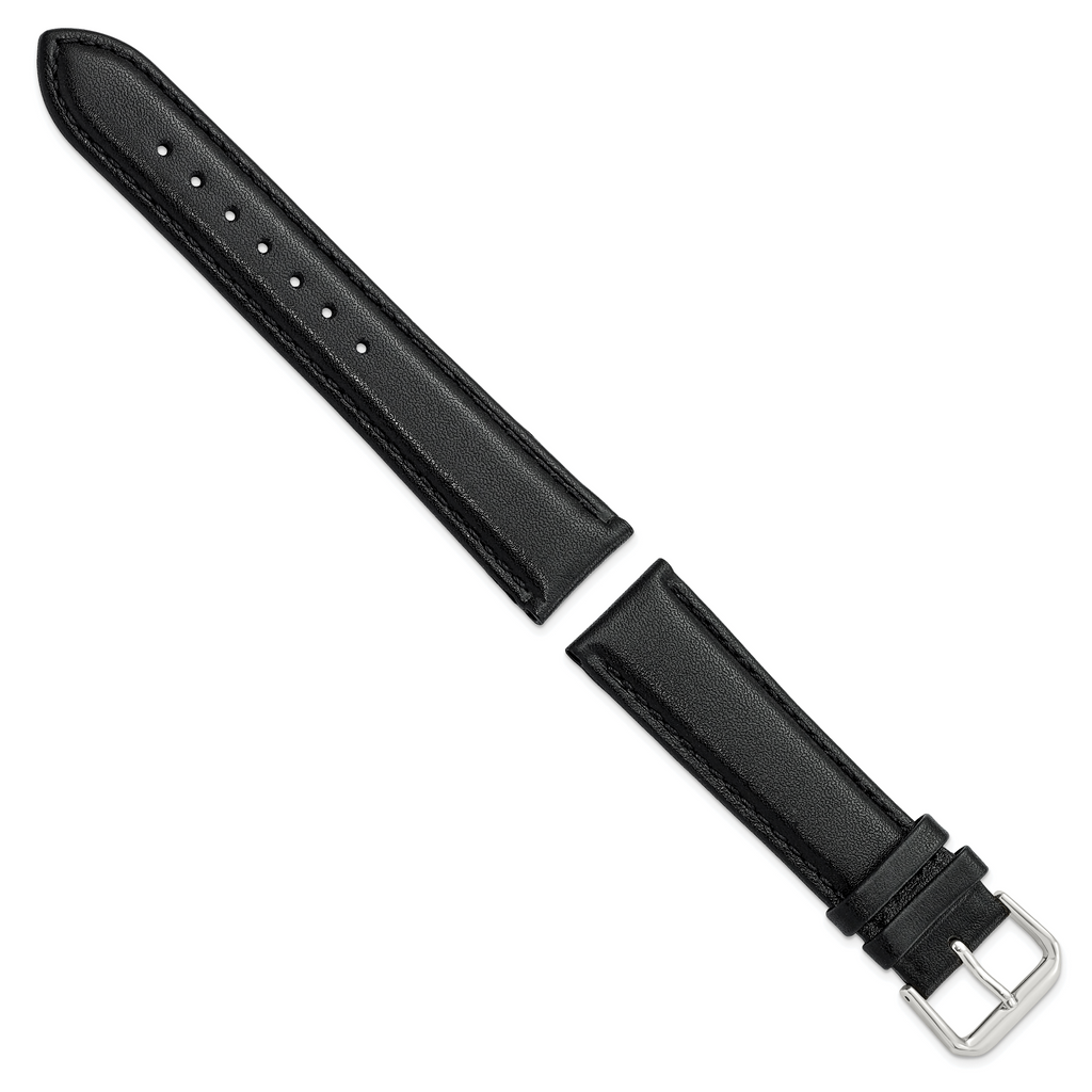 Black Genuine Leather Watch Band with Silver-Tone Buckle 20mm