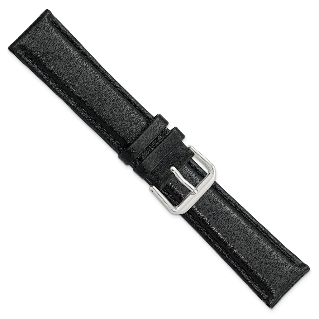 Black Genuine Leather Watch Band with Silver-Tone Buckle 20mm