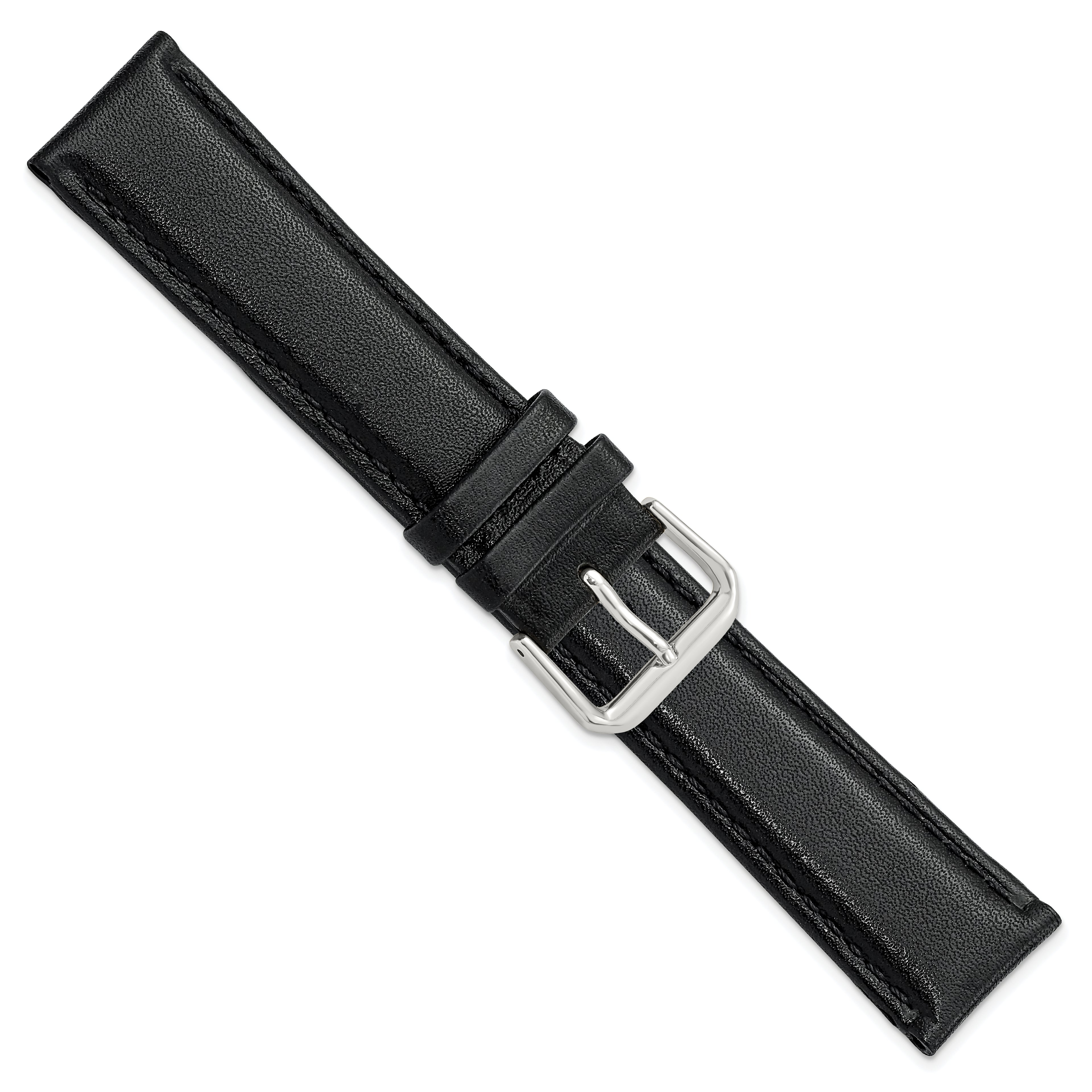 Black Genuine Leather Watch Band with Silver-Tone Buckle 20mm