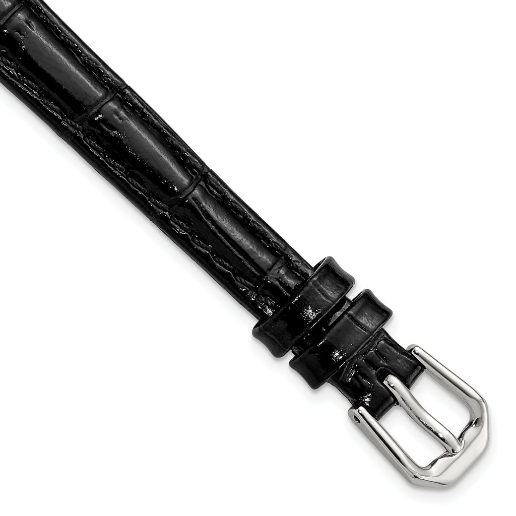 10mm Black Crocodile Grain Leather with Dark Stitching and Silver-tone Buckle 6.75 inch Watch Band