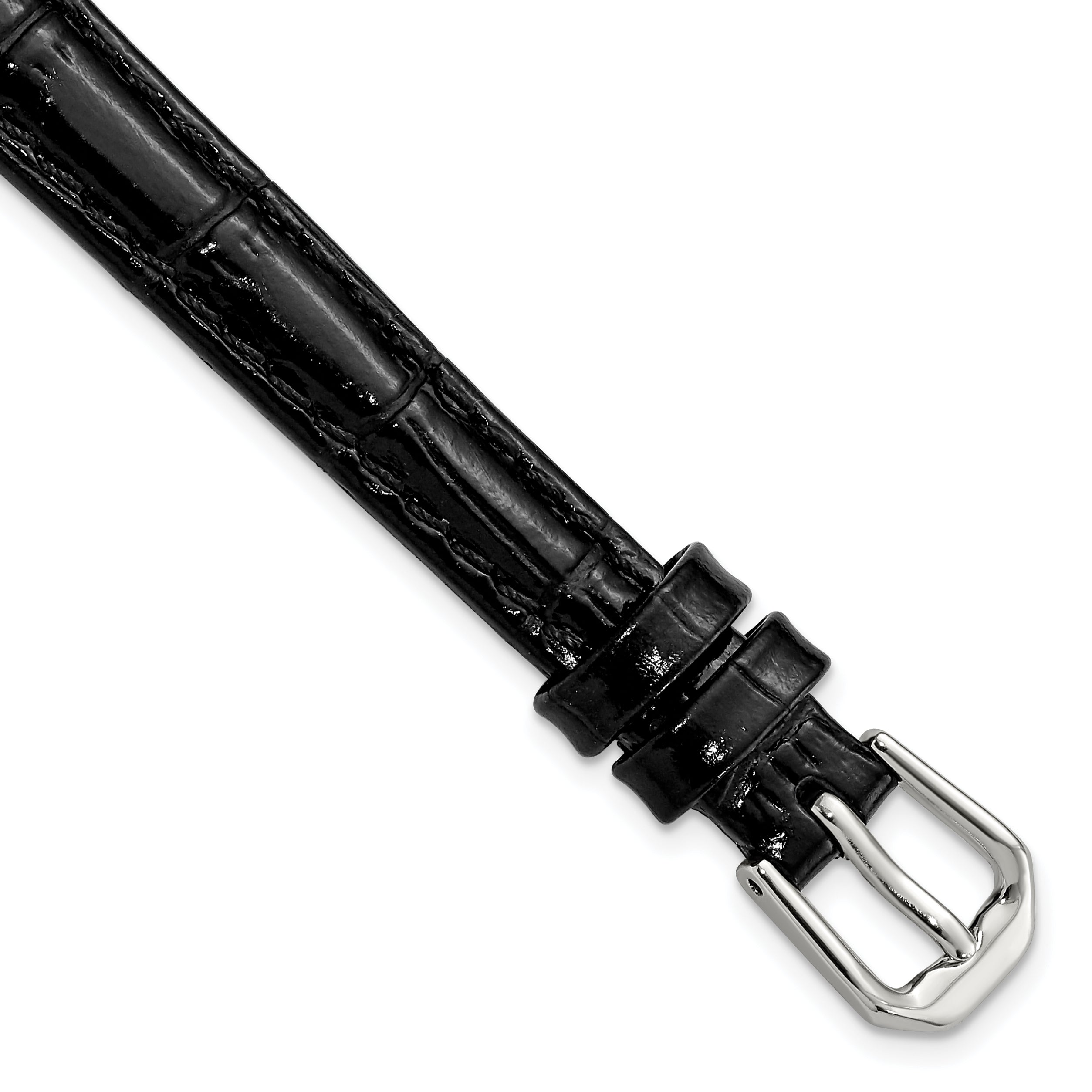 10mm Black Crocodile Grain Leather with Dark Stitching and Silver-tone Buckle 6.75 inch Watch Band