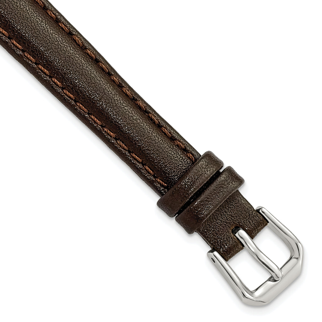 Smooth Leather Watch Band in Dark Brown with Silver-Tone Buckle, 16mm