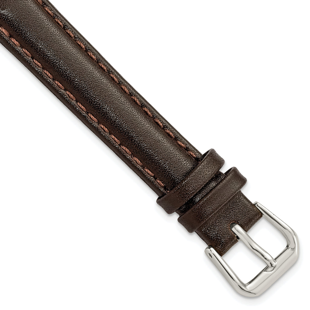 Smooth Leather Watch Band in Dark Brown with Silver-Tone Buckle, 16mm