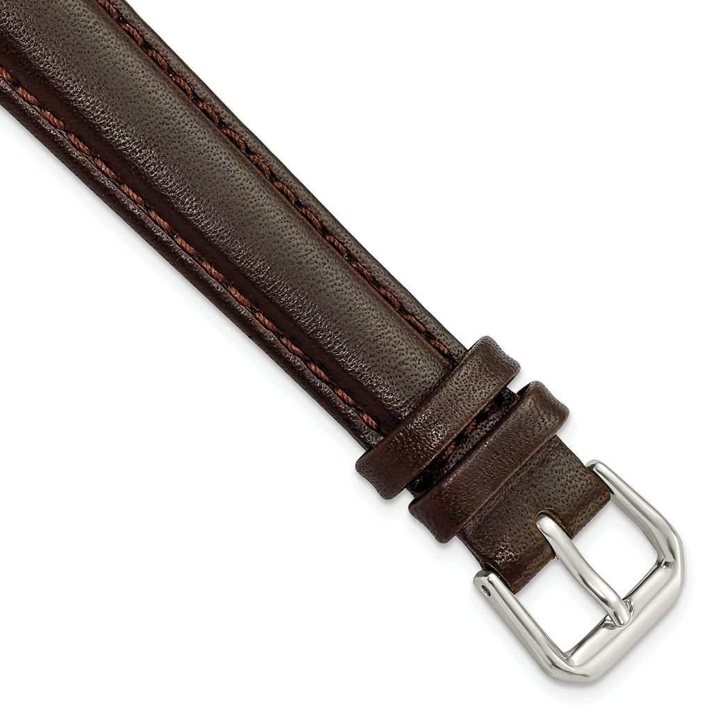Smooth Leather Watch Band in Dark Brown with Silver-Tone Buckle, 16mm