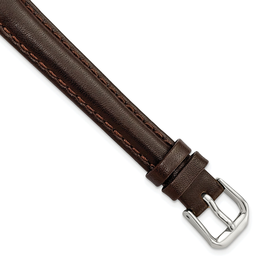 12mm Long Dark Brown Smooth Leather with Silver-tone Buckle 7.5 inch Watch Band
