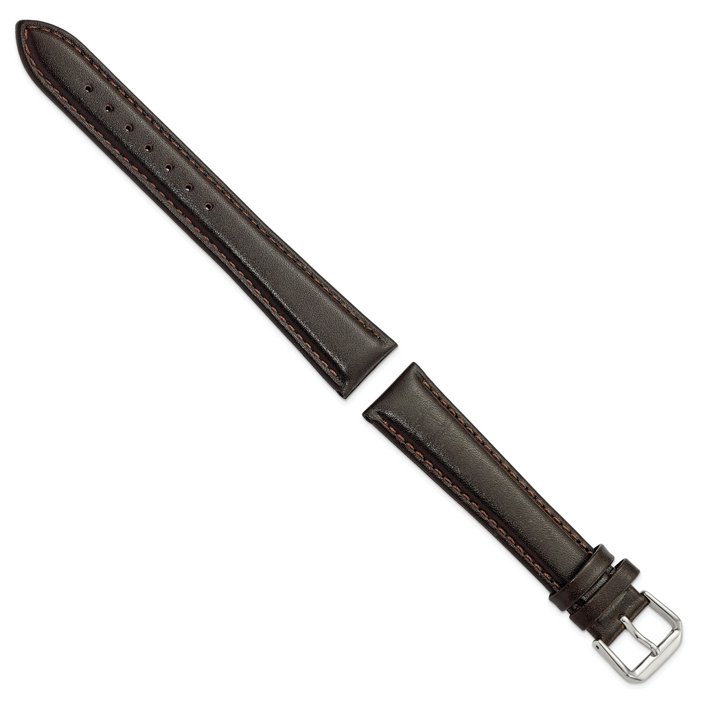 DeBeer 19mm Long Dark Brown Smooth Leather with Silver-tone Buckle 8.5 inch Watch Band