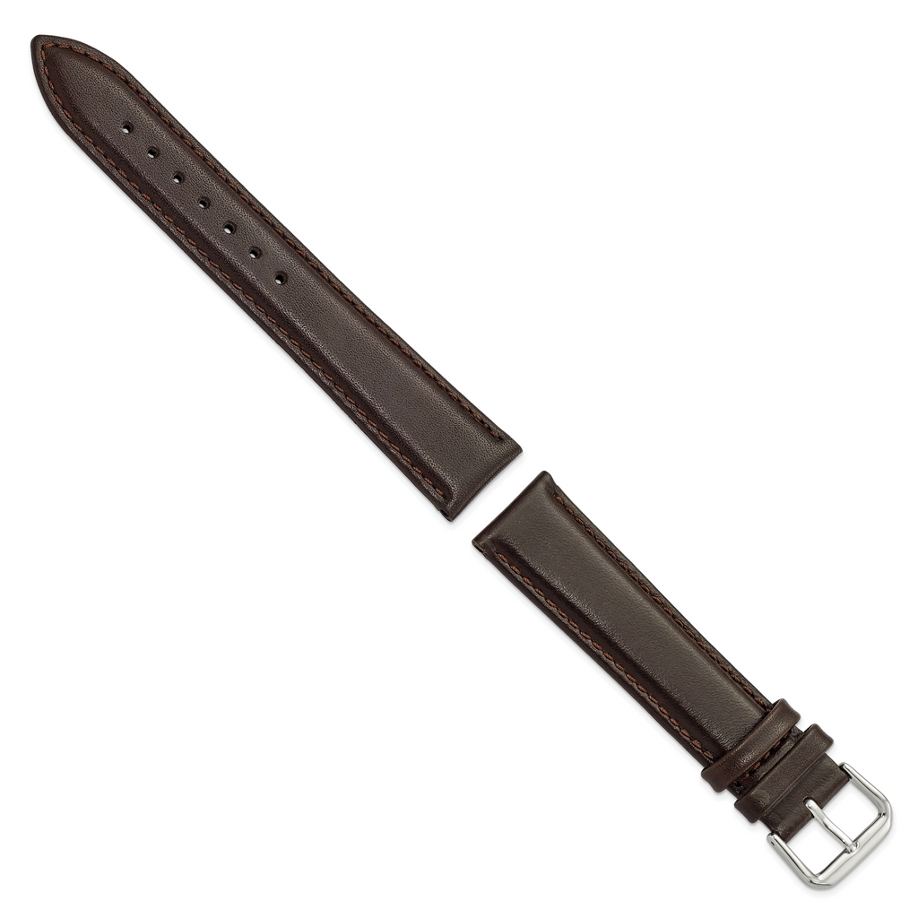 DeBeer 20mm Long Dark Brown Smooth Leather with Silver-tone Buckle 8.5 inch Watch Band