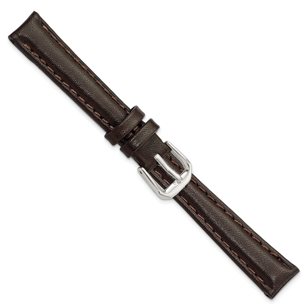 Smooth Leather Watch Band in Dark Brown with Silver-Tone Buckle, 12mm - Sophia Jewelers