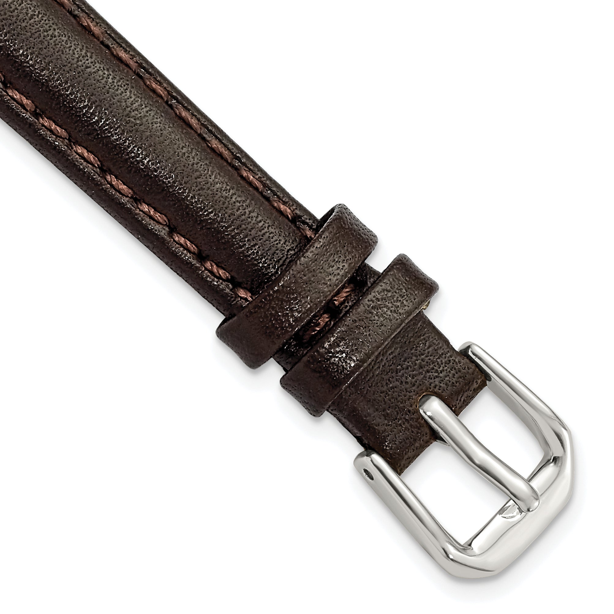 12mm Short Dark Brown Smooth Leather with Silver-tone Buckle 6.25 inch Watch Band