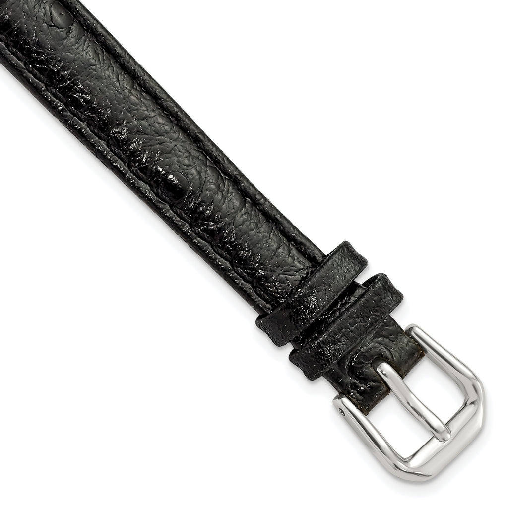 12mm Black Ostrich Grain Leather with Silver-tone Buckle 6.75 inch Watch Band