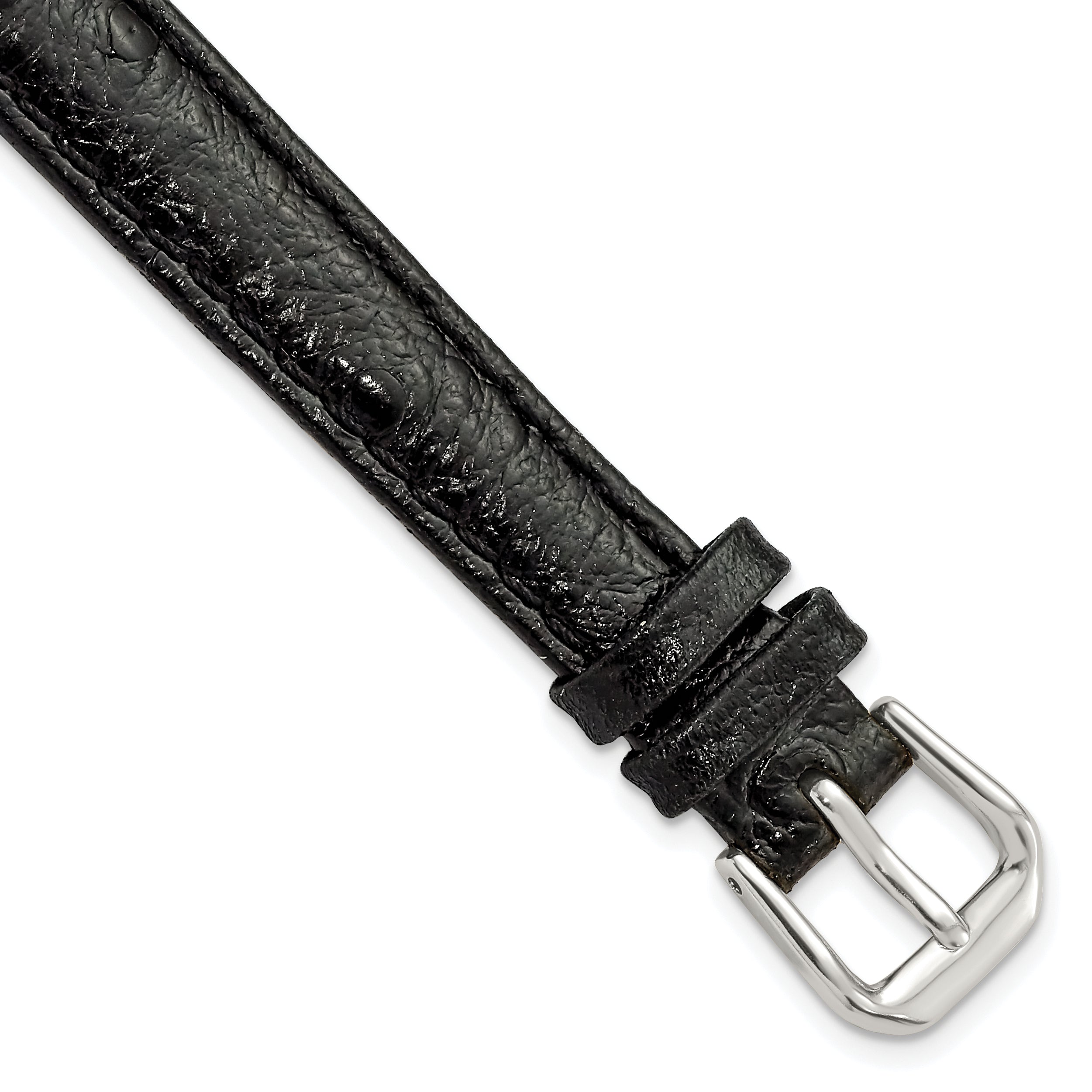12mm Black Ostrich Grain Leather with Silver-tone Buckle 6.75 inch Watch Band