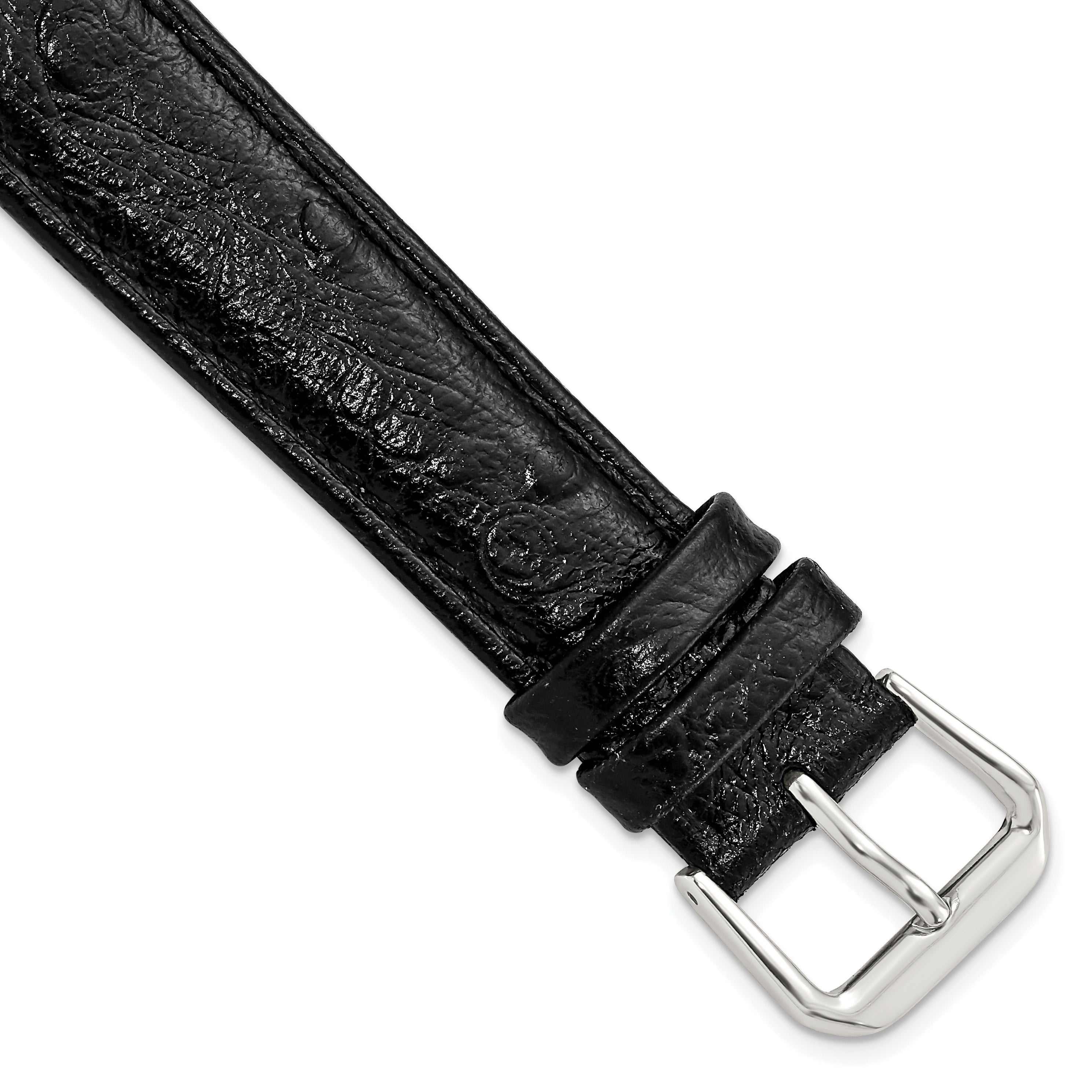 12mm Black Ostrich Grain Leather with Silver-tone Buckle 6.75 inch Watch Band
