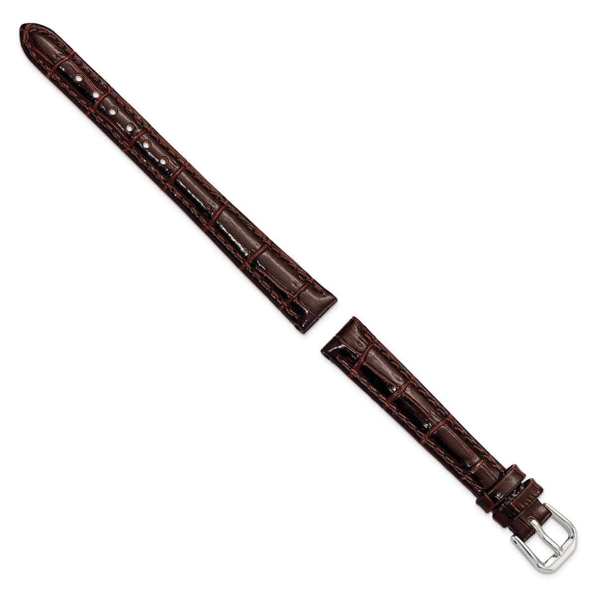DeBeer 12mm Brown Crocodile Grain Leather with Dark Stitching and Silver-tone Buckle 6.75 inch Watch Band