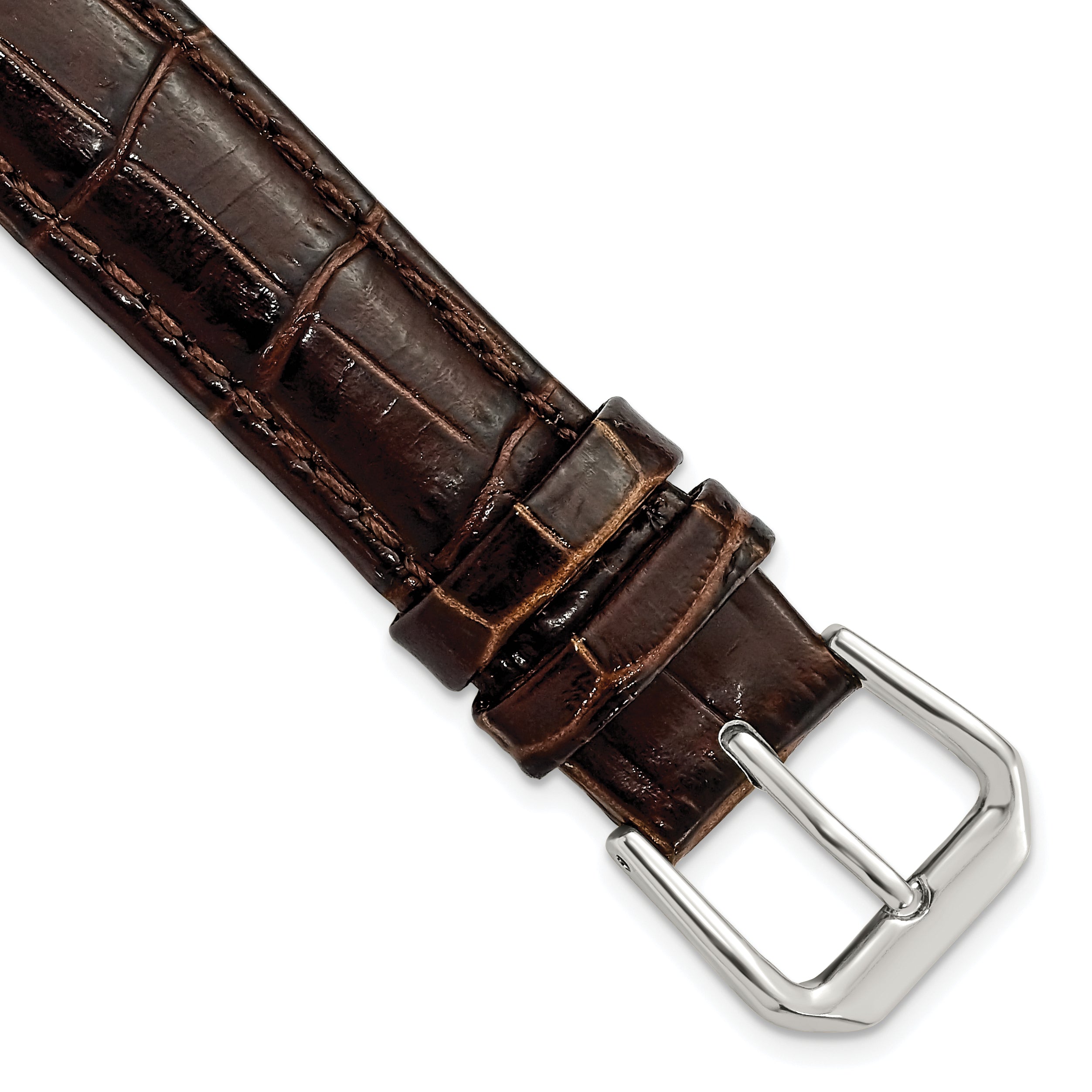 10mm Brown Crocodile Grain Leather with Dark Stitching and Silver-tone Buckle 6.75 inch Watch Band