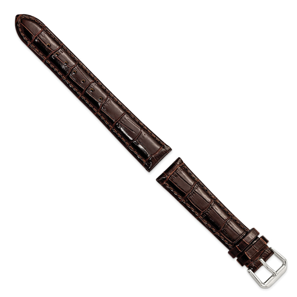 DeBeer 18mm Brown Crocodile Grain Leather with Dark Stitching and Silver-tone Buckle 7.5 inch Watch Band