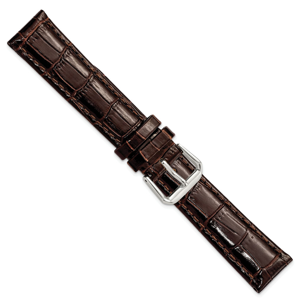DeBeer 18mm Brown Crocodile Grain Leather with Dark Stitching and Silver-tone Buckle 7.5 inch Watch Band